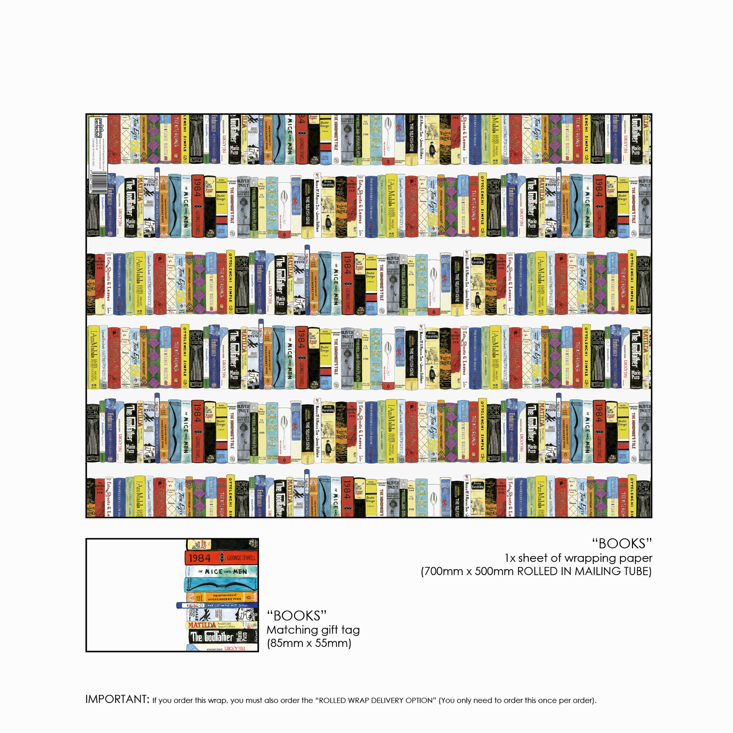Books Wrapping Paper and Matching Gift Tag