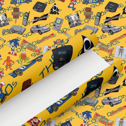 90's Retro Gift Wrap and Matching 'Playstation' Gift Tag - Rolled