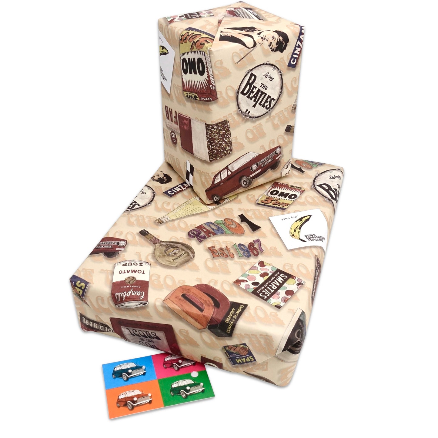 60's Retro Gift Wrap and Matching 'Mini Cooper' Gift Tag