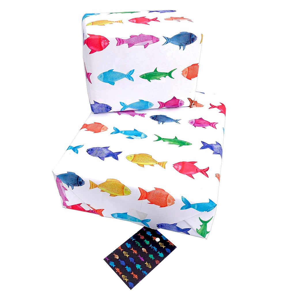 Fishes Gift Wrap Multicoloured and Matching Gift Tag - Rolled