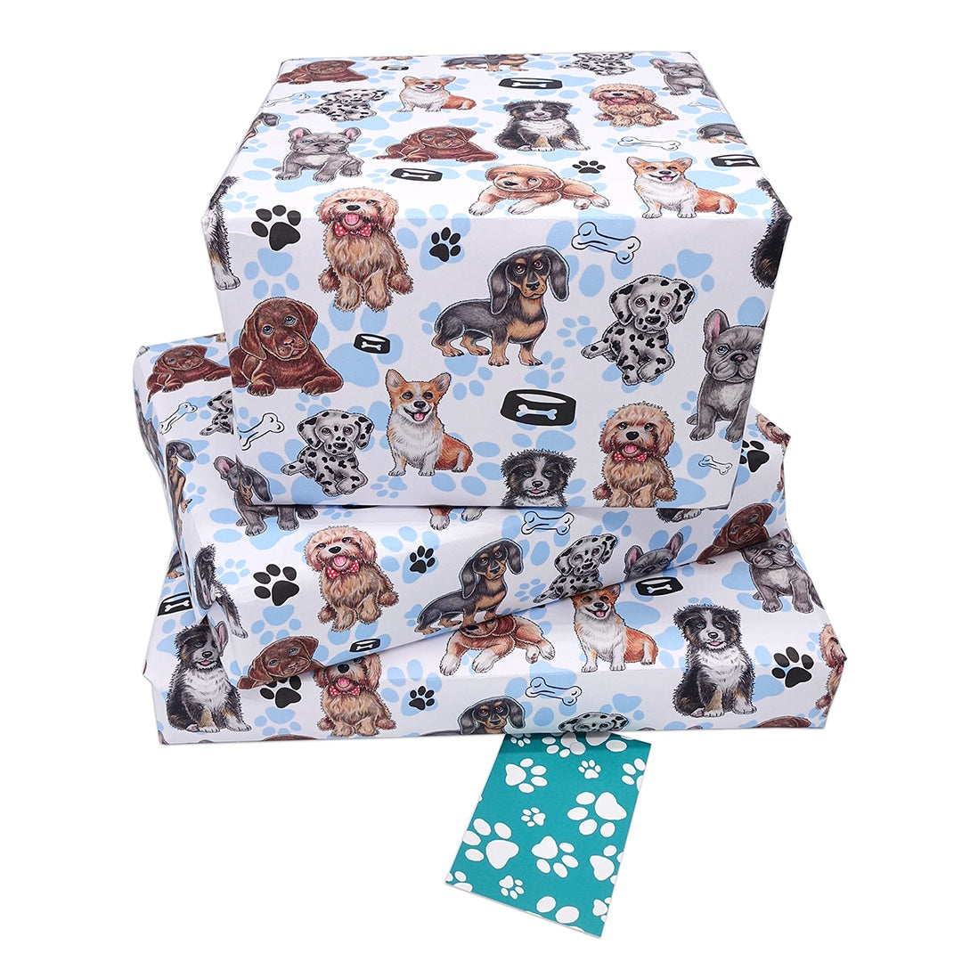 Puppy Wrapping Paper and Paw-Print Gift Tag, Colourful Puppies Wrap