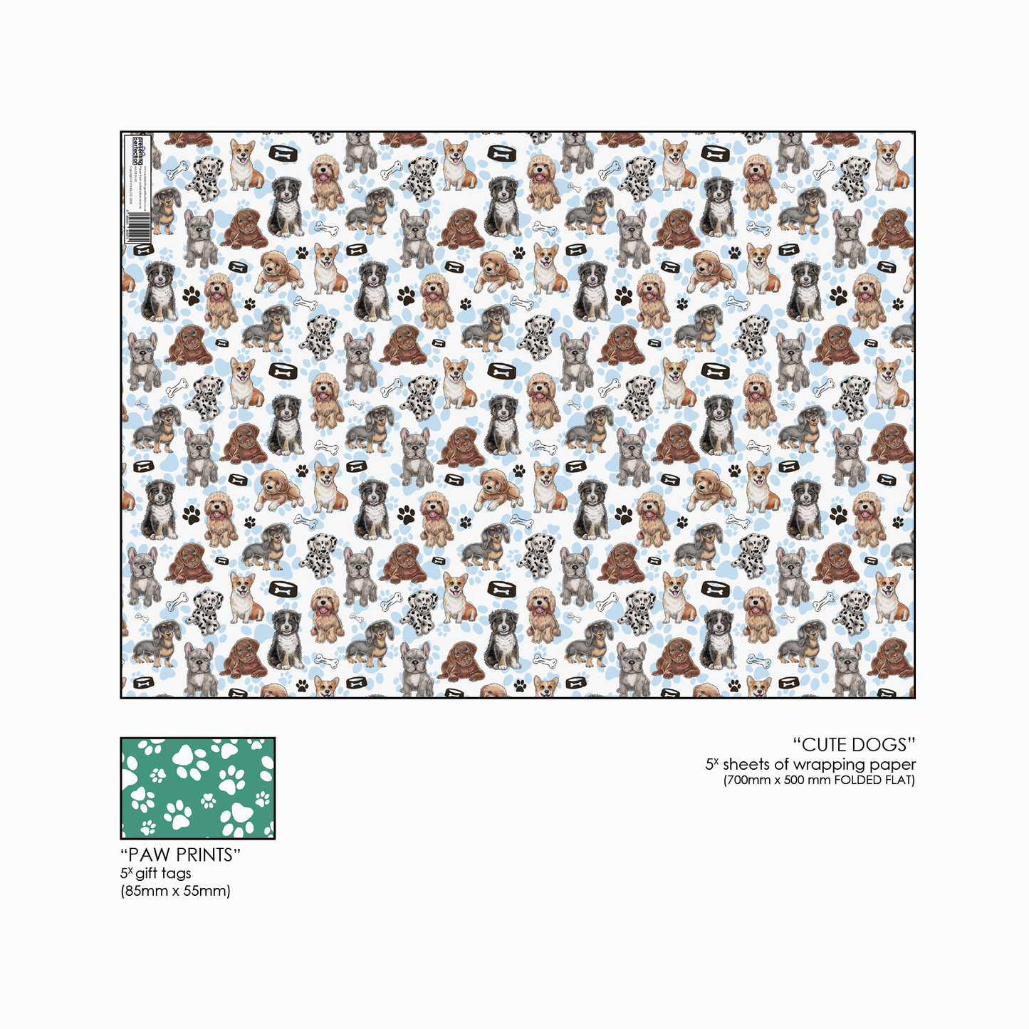 Puppy Wrapping Paper and Paw-Print Gift Tag, Colourful Puppies Wrap