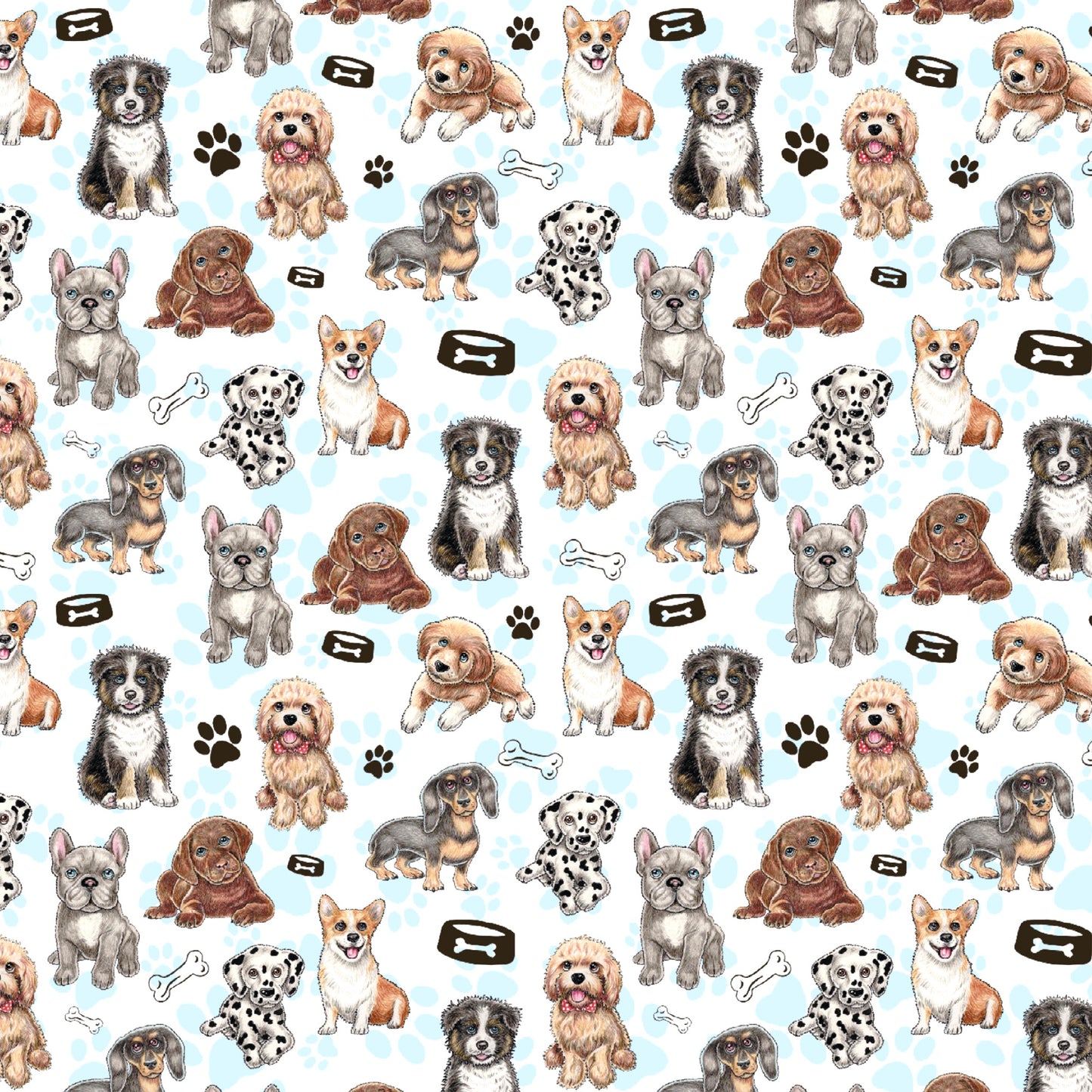 Puppy Wrapping Paper and Paw-Print Gift Tag, Colourful Puppies Wrap
