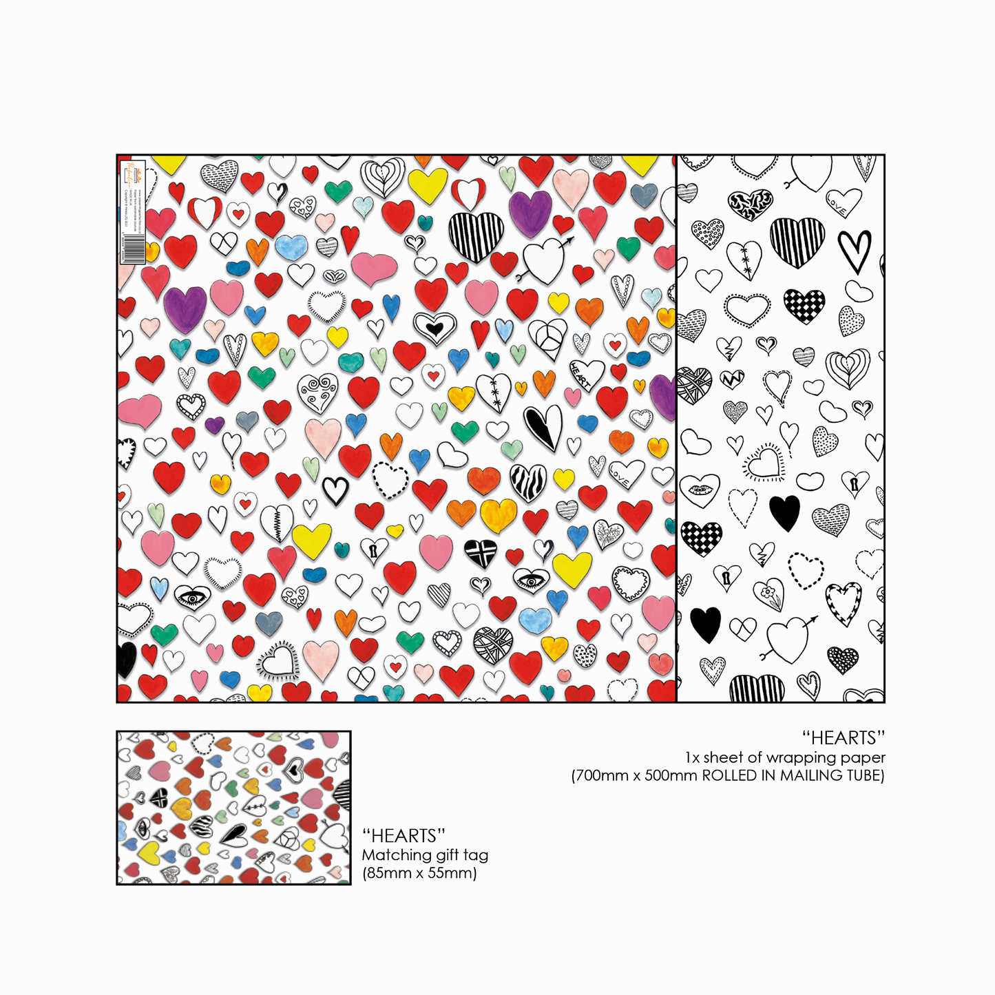 Painted 'Hearts' Reverse Side Printed Gift Wrap and Matching Tag - Rolled