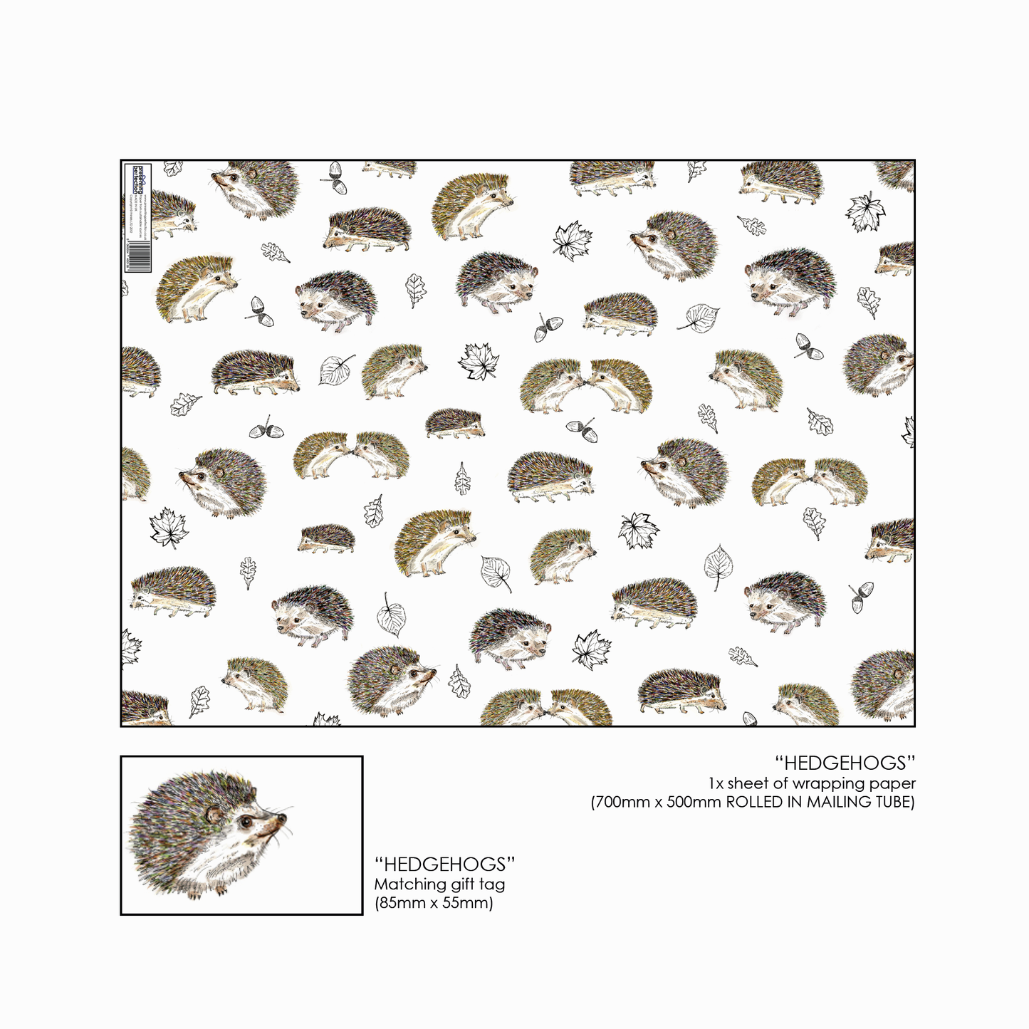 Hedgehog Design Wrapping Paper and Gift Tag (Small print error) - Rolled