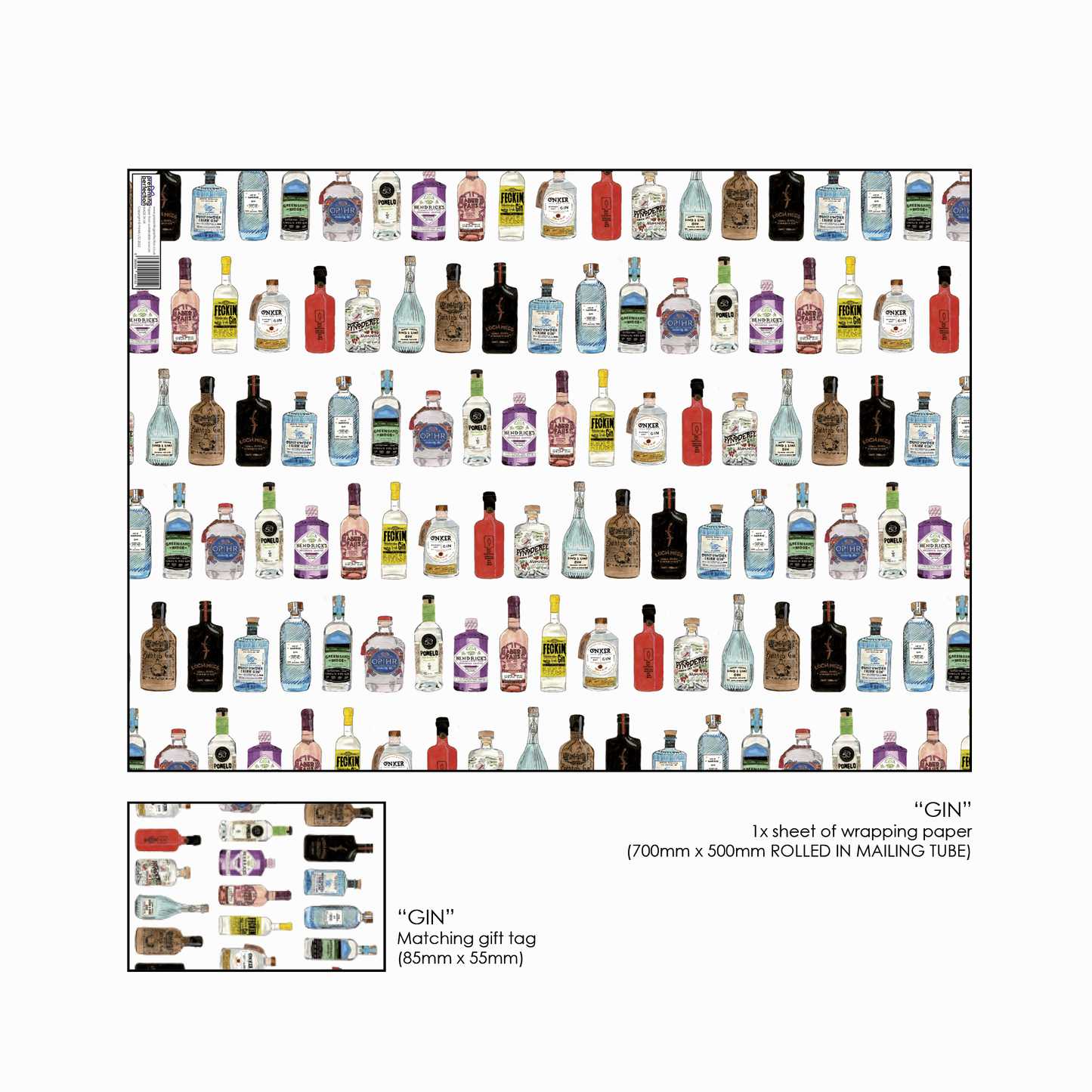Hand Painted Gin Bottles Gift Wrap and Matching Gift Tag - Rolled