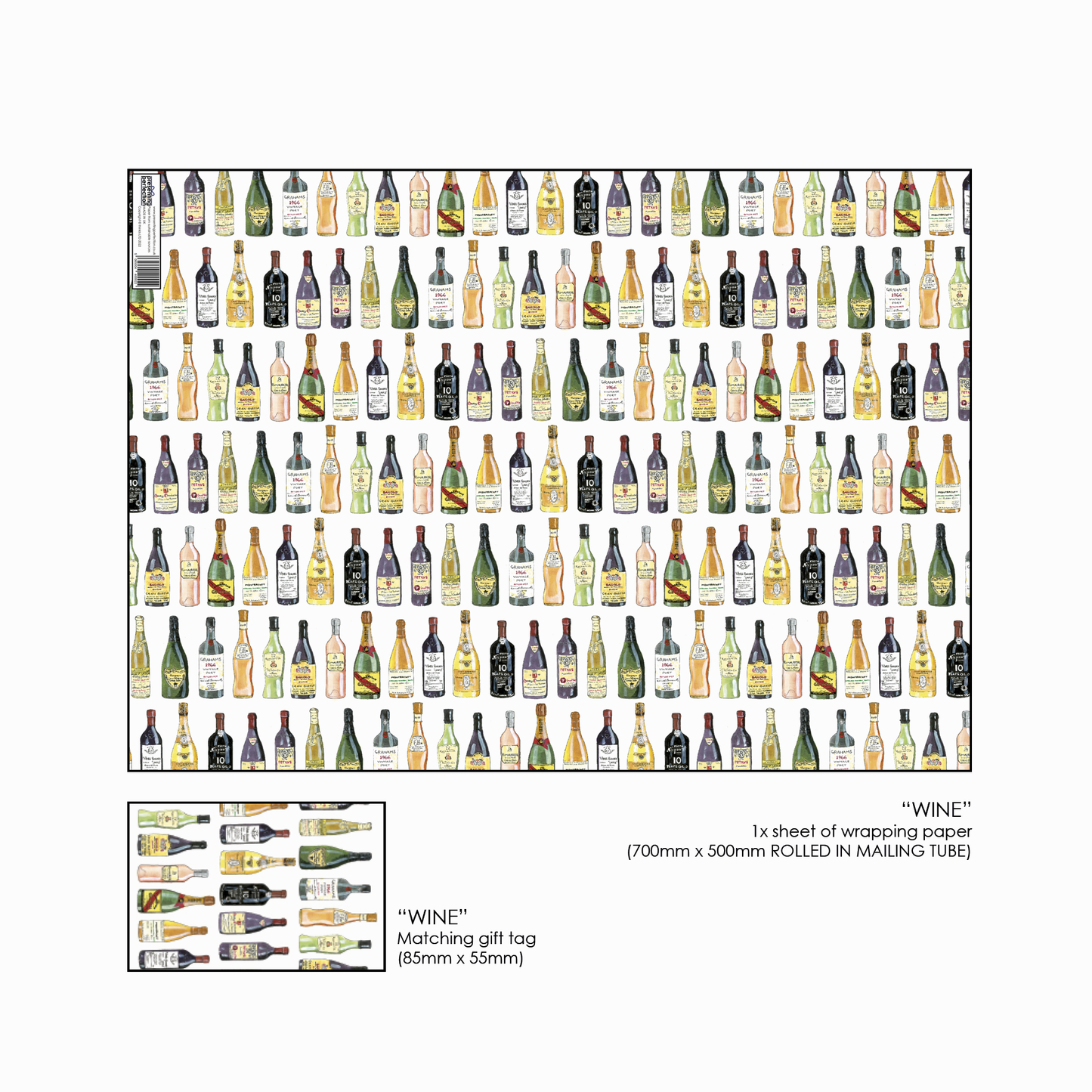 Hand Painted Classic Wine Bottle Gift Wrap and Matching Gift Tag - Rolled