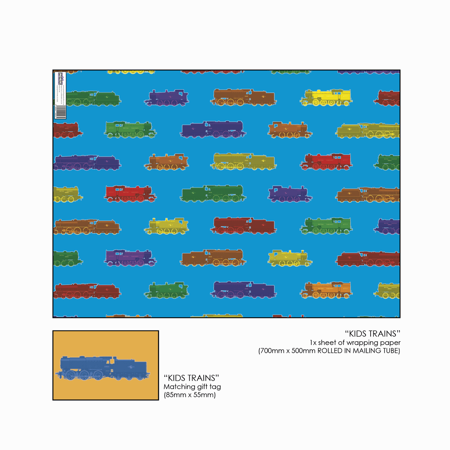 Fun Steam Trains Gift Wrap and Contrasting Gift Tag - Rolled