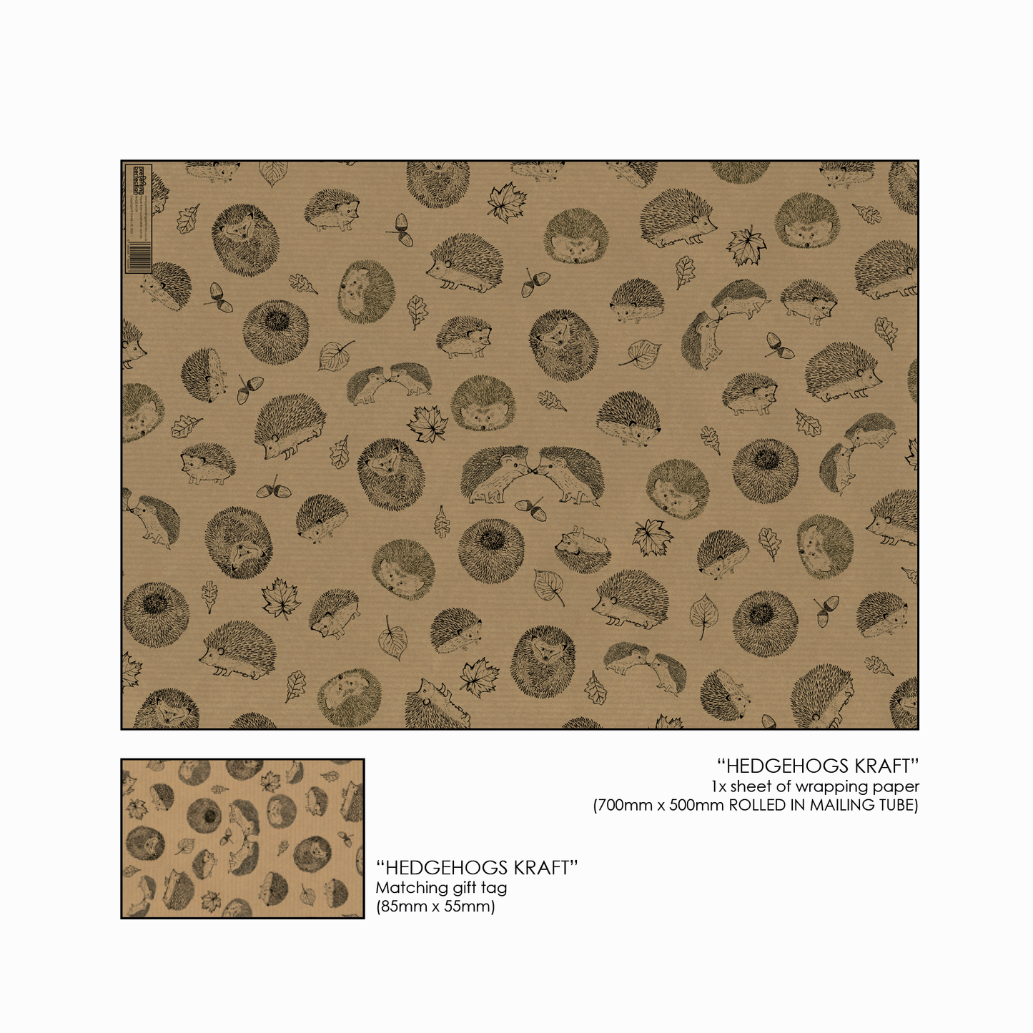 Cute Hedgehog Design Kraft Wrapping Paper and Gift Tag - Rolled