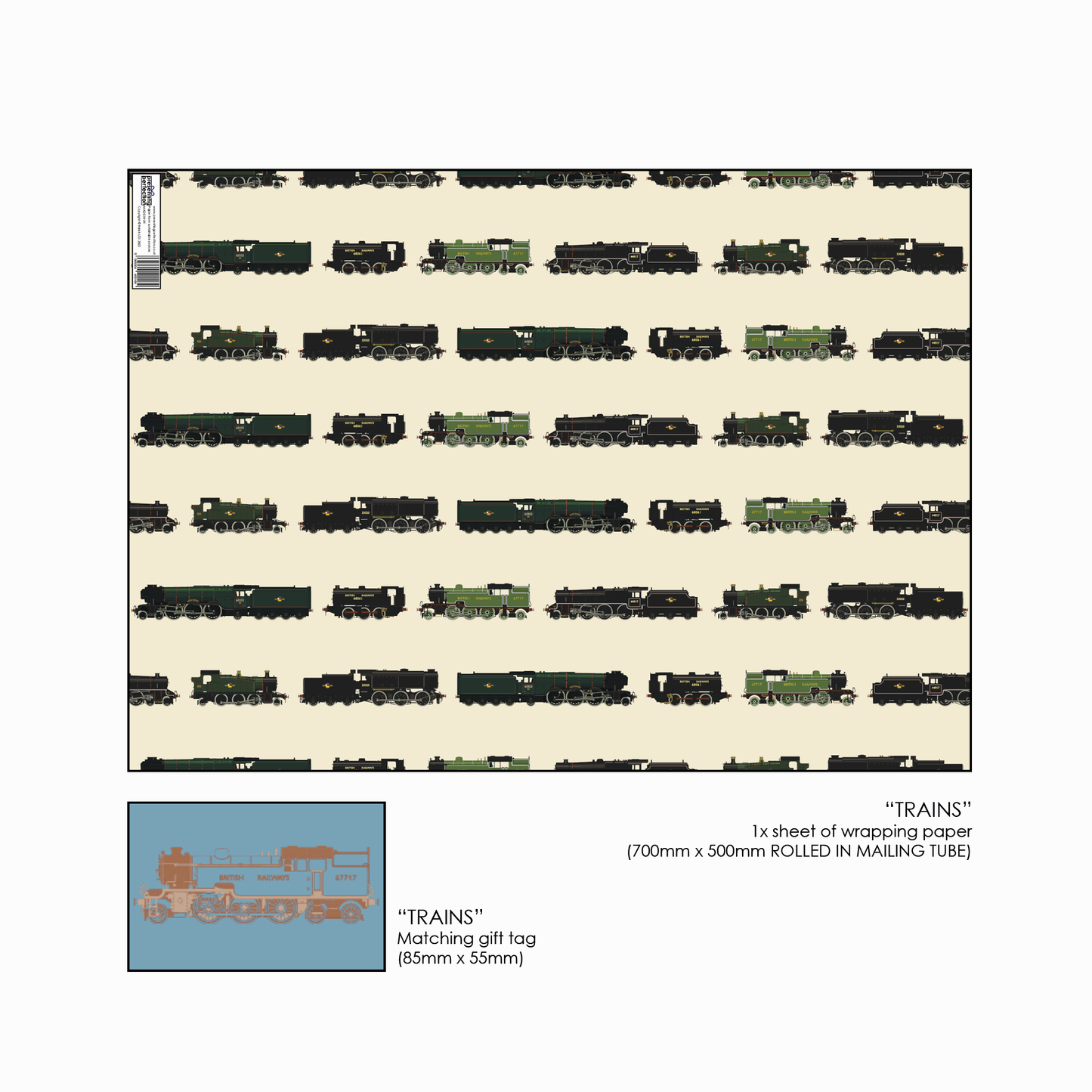 Classic British Steam Trains Gift Wrap and Matching Gift Tag - Rolled