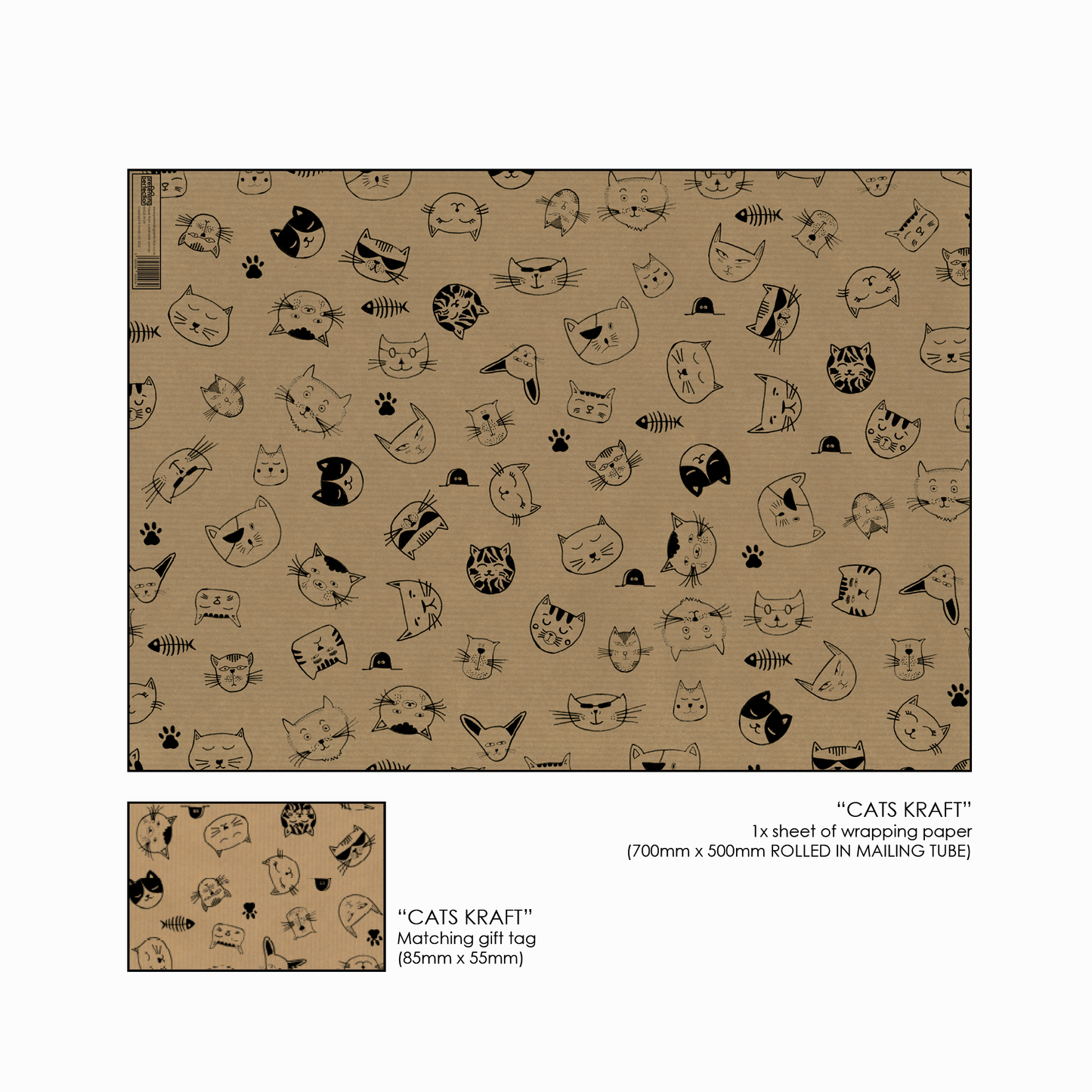 Caricature Cat Wrapping Paper and Matching Gift Tag - Rolled
