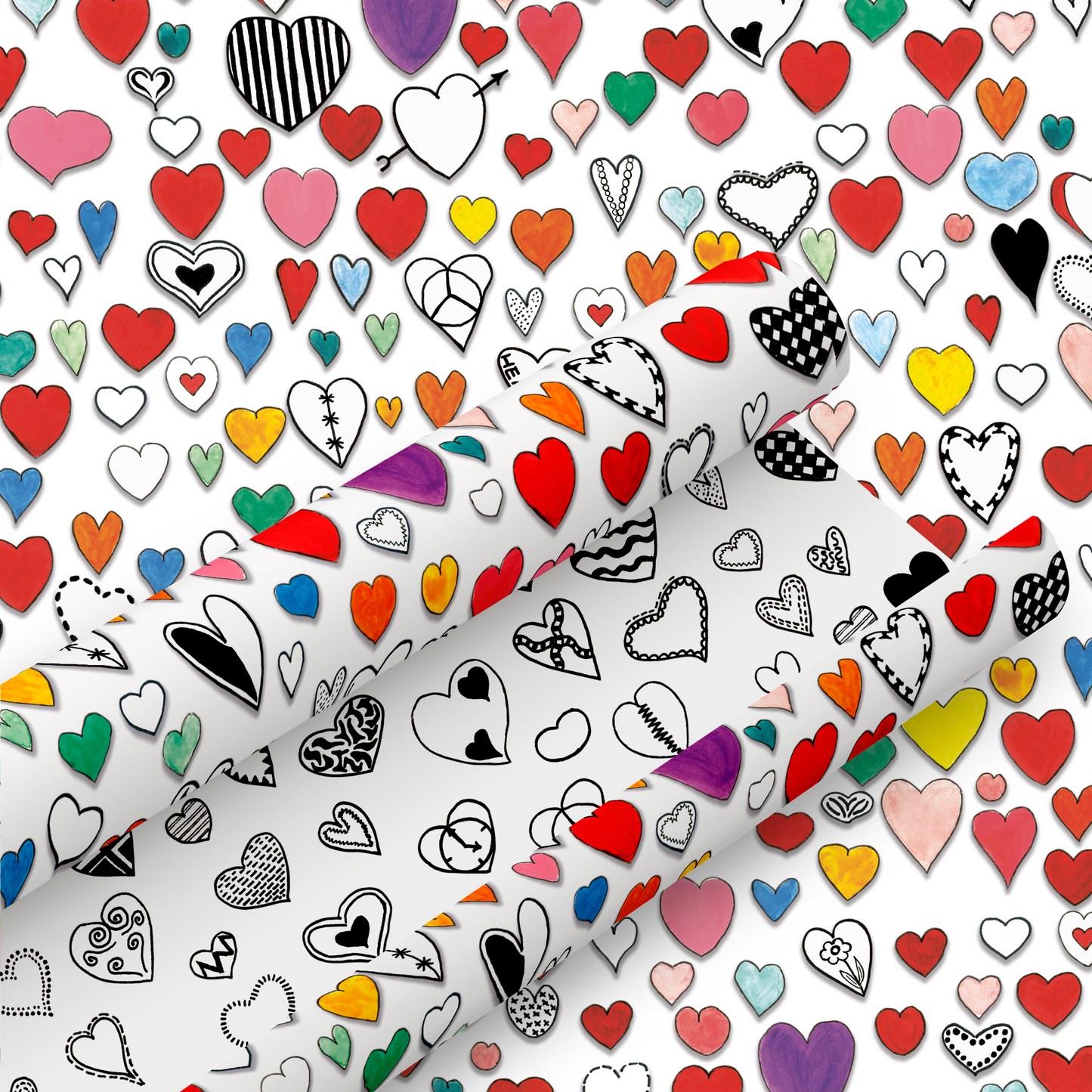 Painted 'Hearts' Reverse Side Printed Gift Wrap and Matching Tag - Rolled