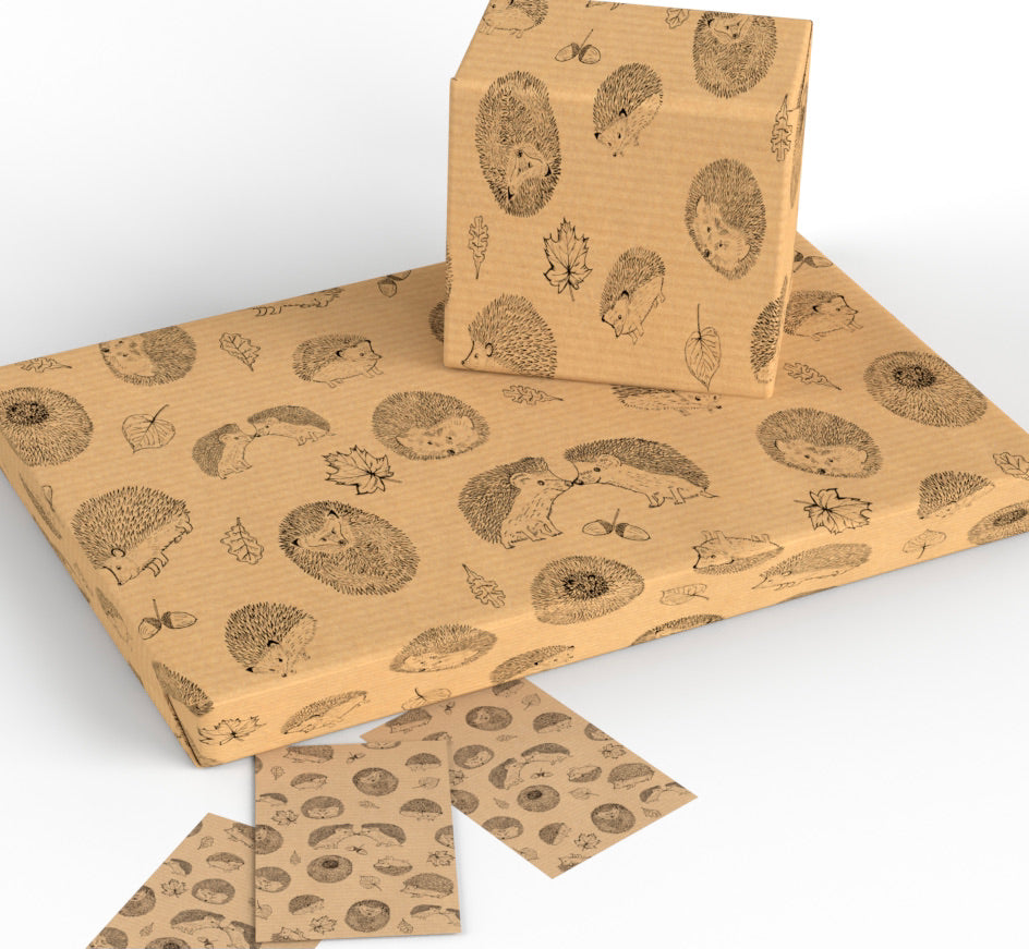 Cute Hedgehog Design Kraft Wrapping Paper and Gift Tag - Rolled