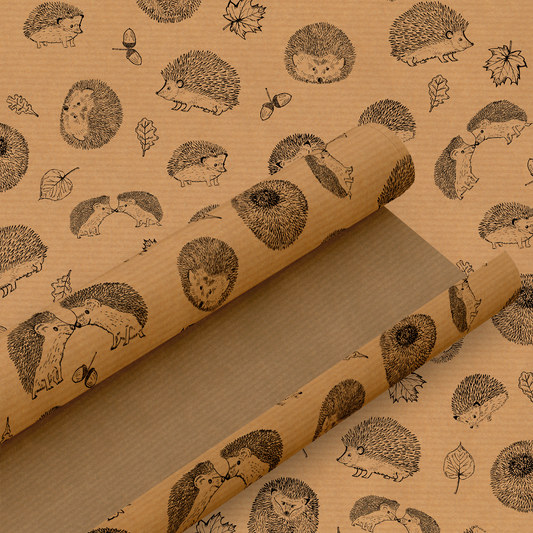 Cute Hedgehog Design Kraft Wrapping Paper and Gift Tag - Rolled