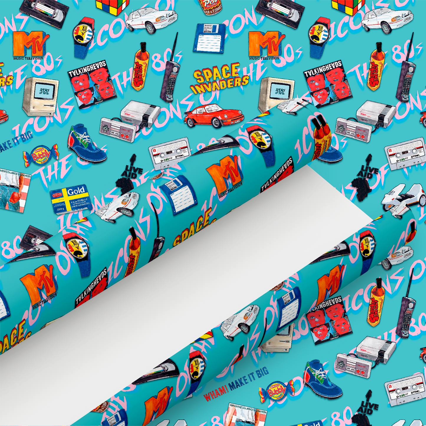 80's wrapping paper and matching gift tag - Rolled