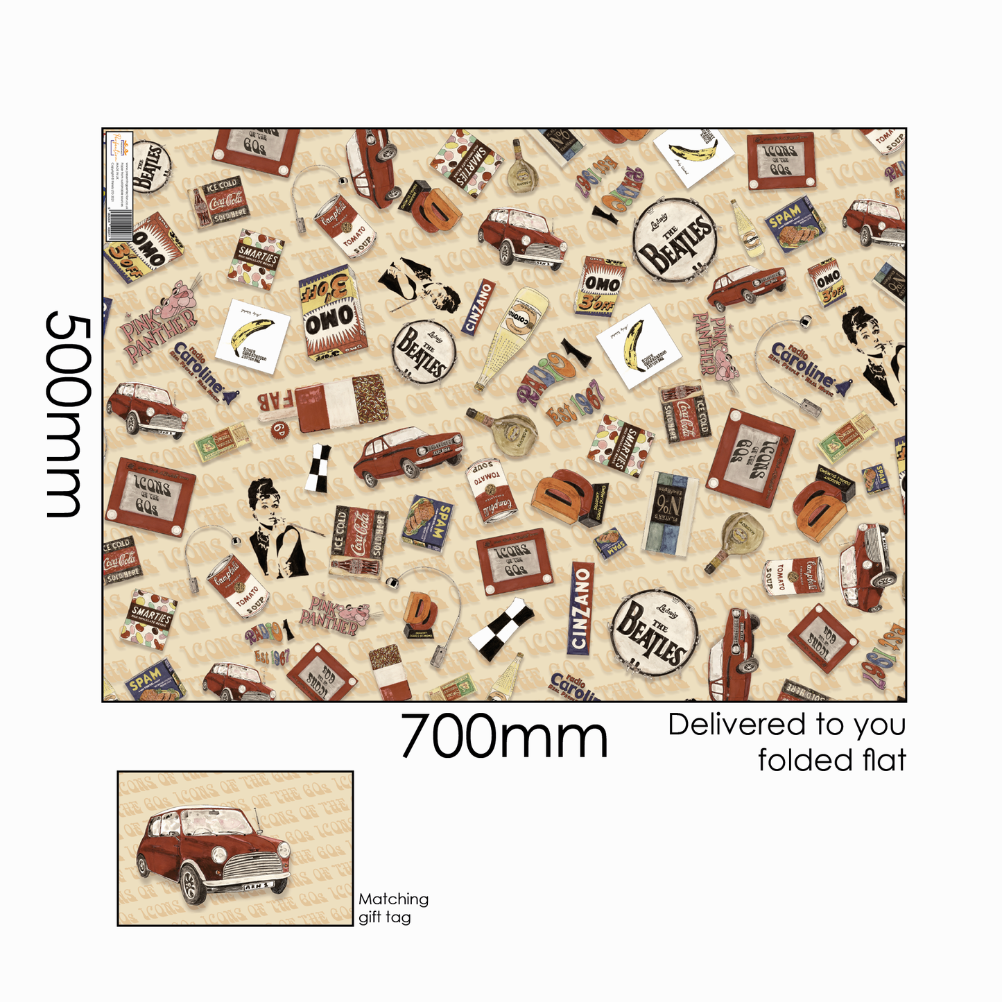 60's Retro Gift Wrap and Matching 'Mini Cooper' Gift Tag