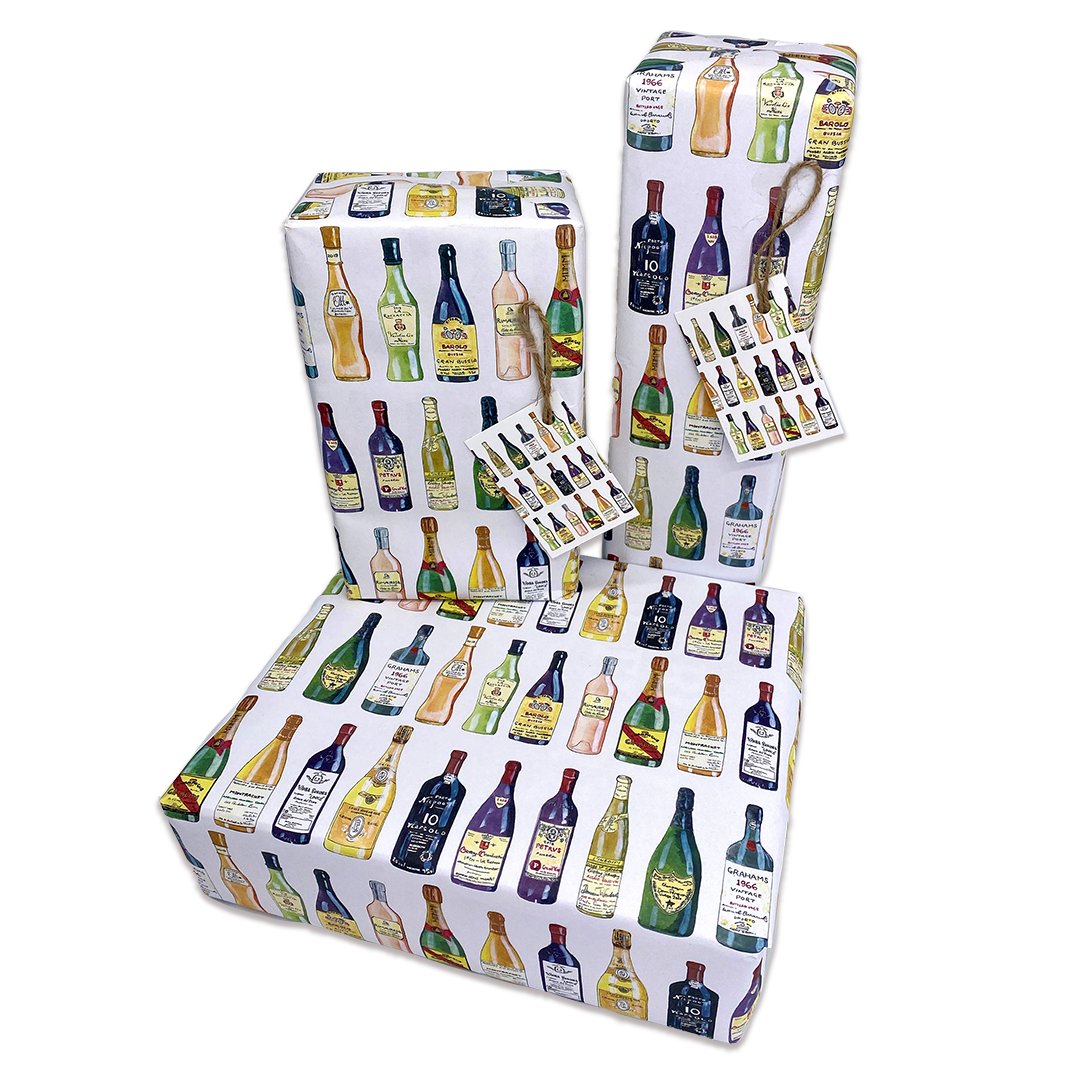 Hand Painted Classic Wine Bottle Gift Wrap and Matching Gift Tag
