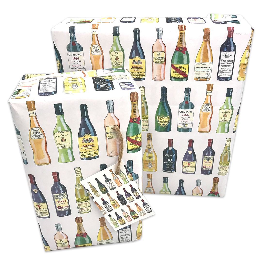 Hand Painted Classic Wine Bottle Gift Wrap and Matching Gift Tag