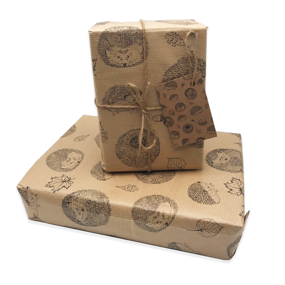 Cute Hedgehog Design Kraft Wrapping Paper and Gift Tag - Rolled