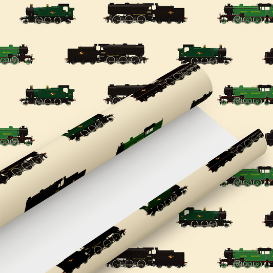 Classic British Steam Trains Gift Wrap and Matching Gift Tag - Rolled