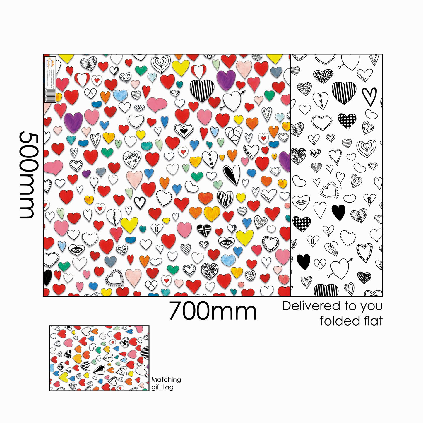 Painted 'Hearts' Reverse Side Printed Gift Wrap and Matching Tag