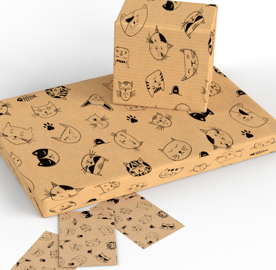 Cat Wrap. Caricature Cat Wrapping Paper and Matching Gift Tag