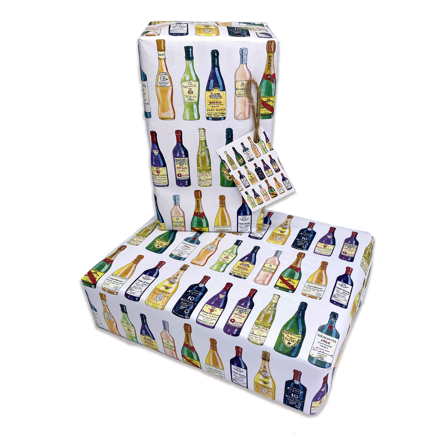 Hand Painted Classic Wine Bottle Gift Wrap and Matching Gift Tag