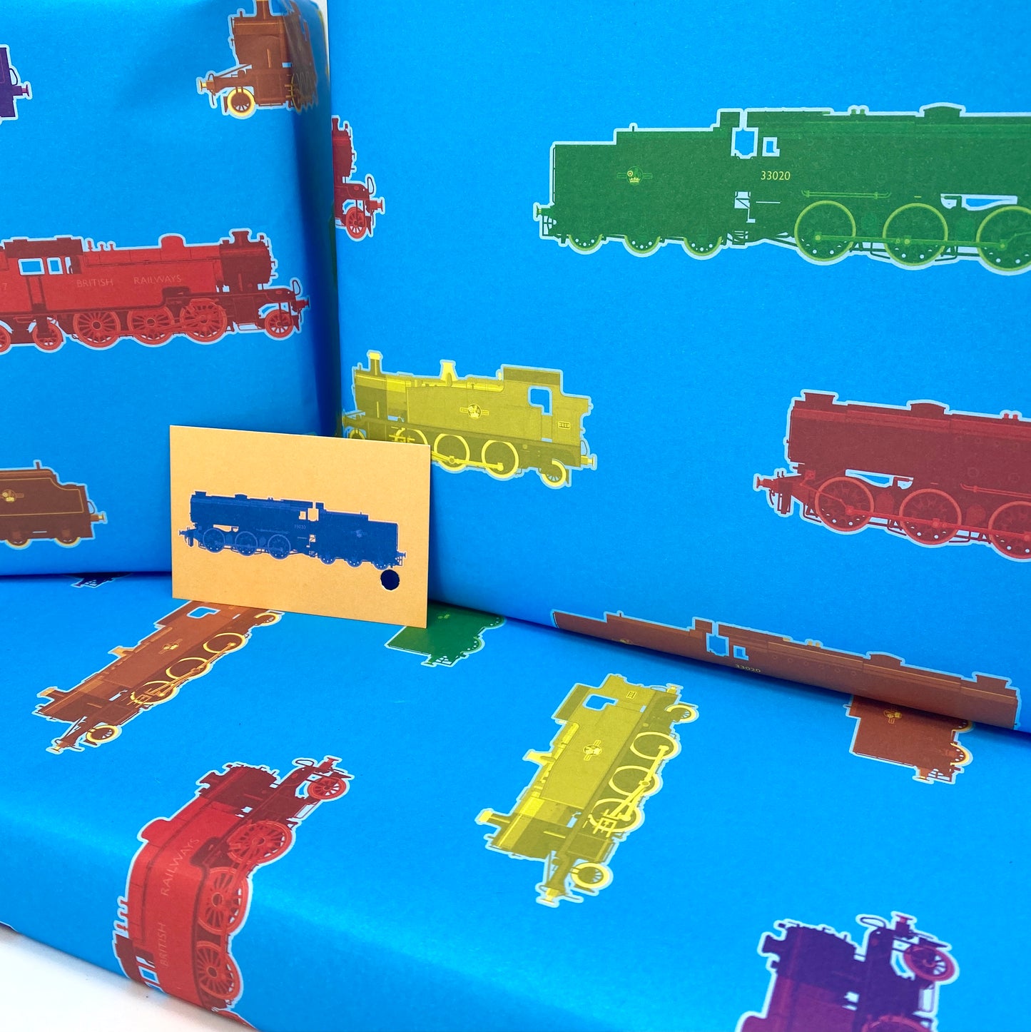 Fun Steam Trains Gift Wrap and Contrasting Gift Tag
