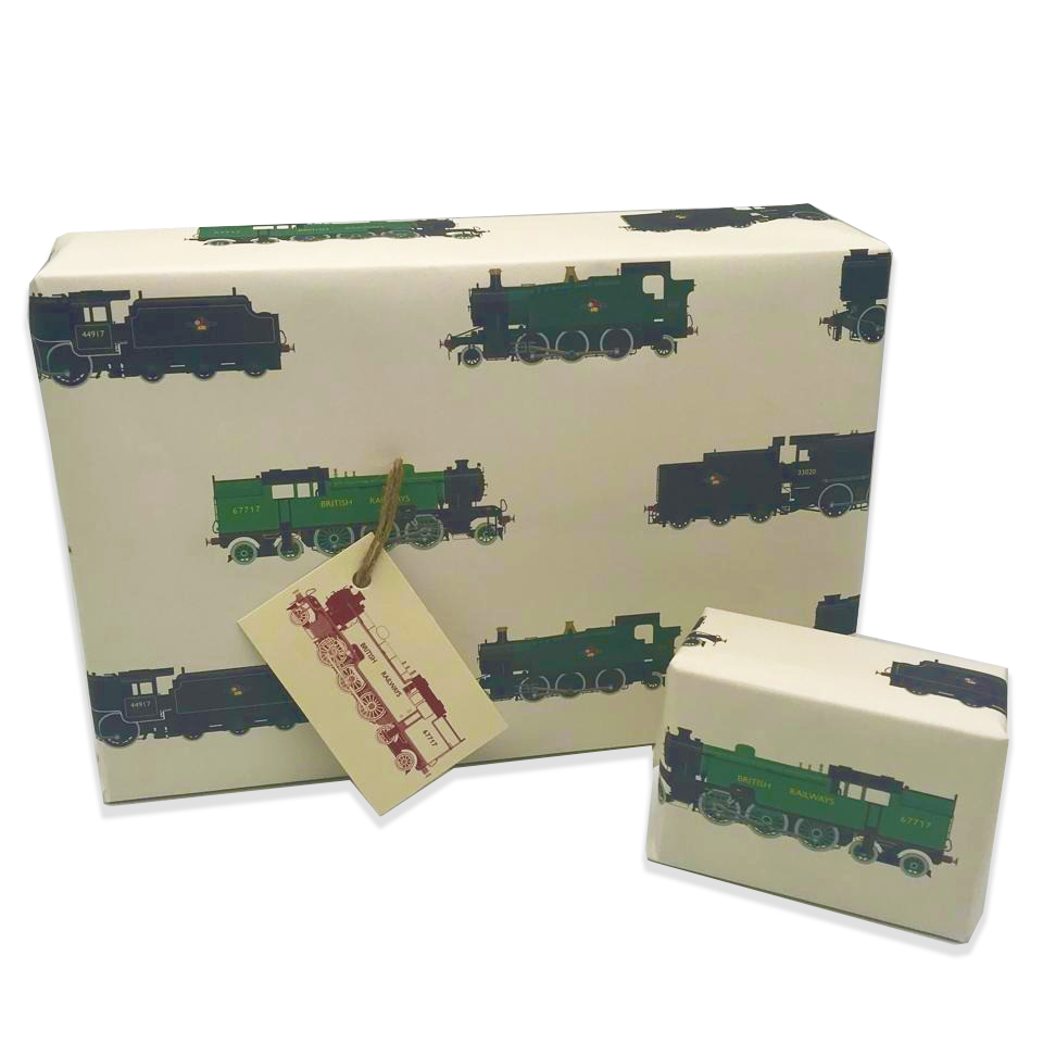 Classic British Steam Trains Gift Wrap and Matching Gift Tag - Rolled