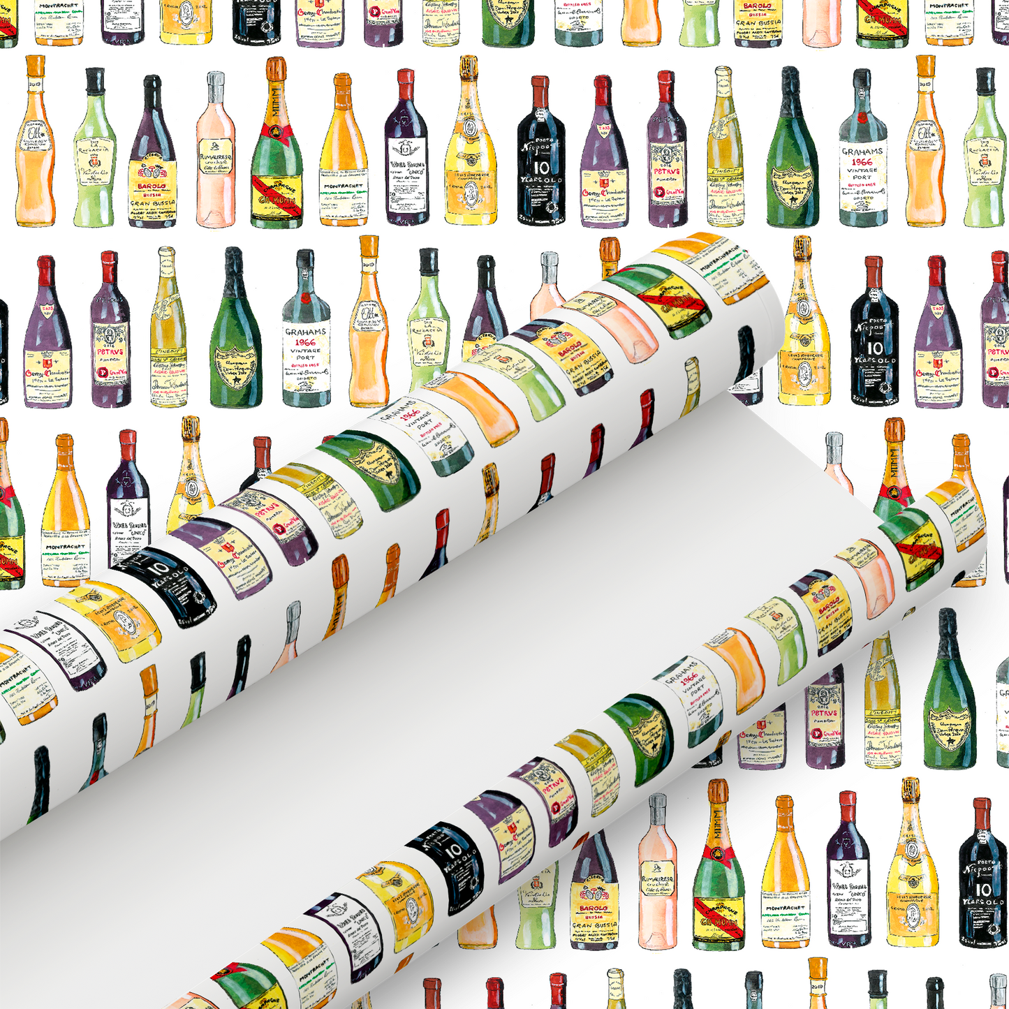 Hand Painted Classic Wine Bottle Gift Wrap and Matching Gift Tag - Rolled