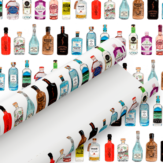 Hand Painted Gin Bottles Gift Wrap and Matching Gift Tag - Rolled