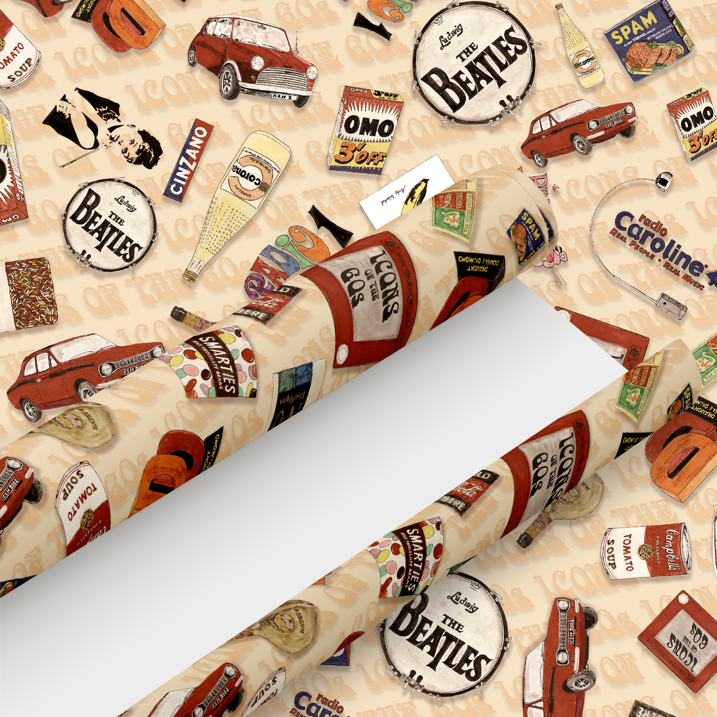 60's Retro Gift Wrap and Matching 'Mini Cooper' Gift Tag - Rolled
