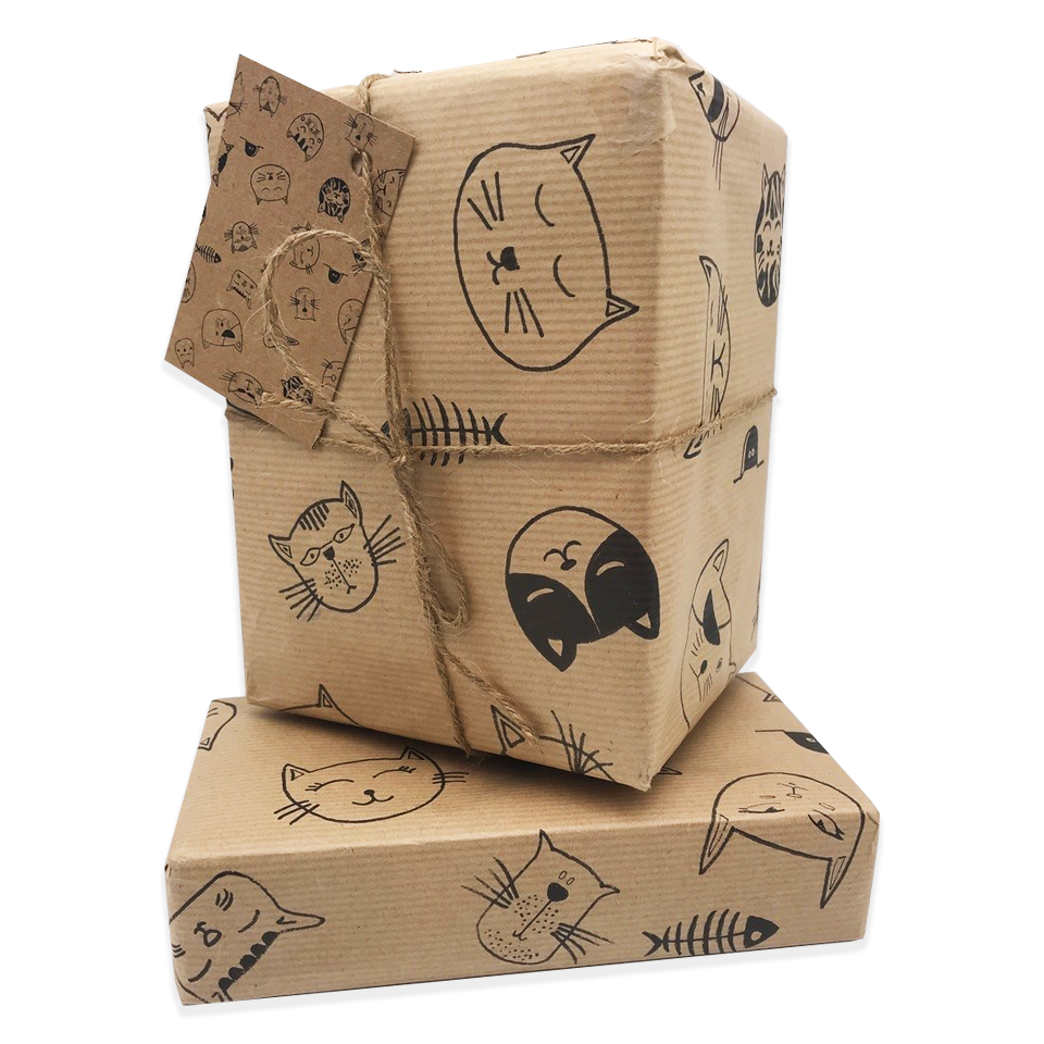 Caricature Cat Wrapping Paper and Matching Gift Tag - Rolled