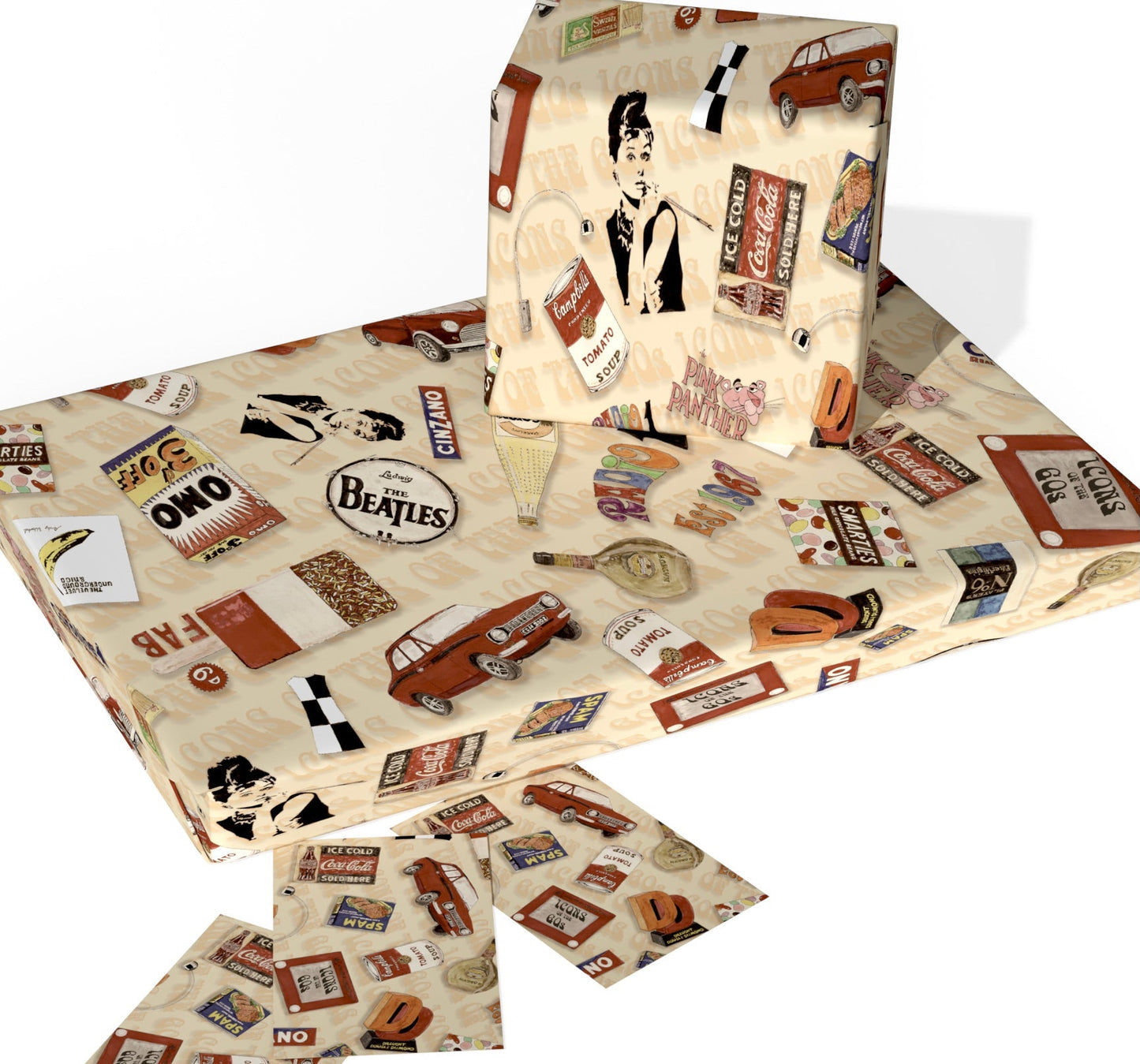 60's Retro Gift Wrap and Matching 'Mini Cooper' Gift Tag - Rolled