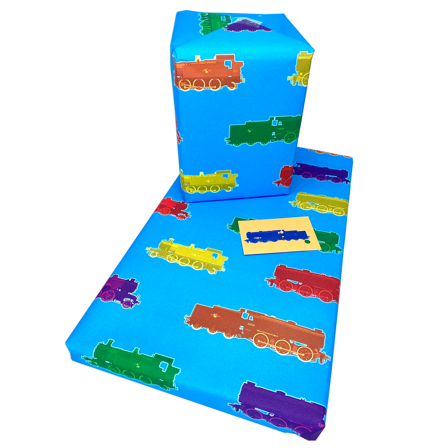 Fun Steam Trains Gift Wrap and Contrasting Gift Tag