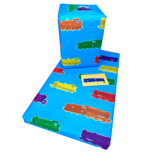 Fun  Steam Trains Gift Wrap and Contrasting Gift Tag
