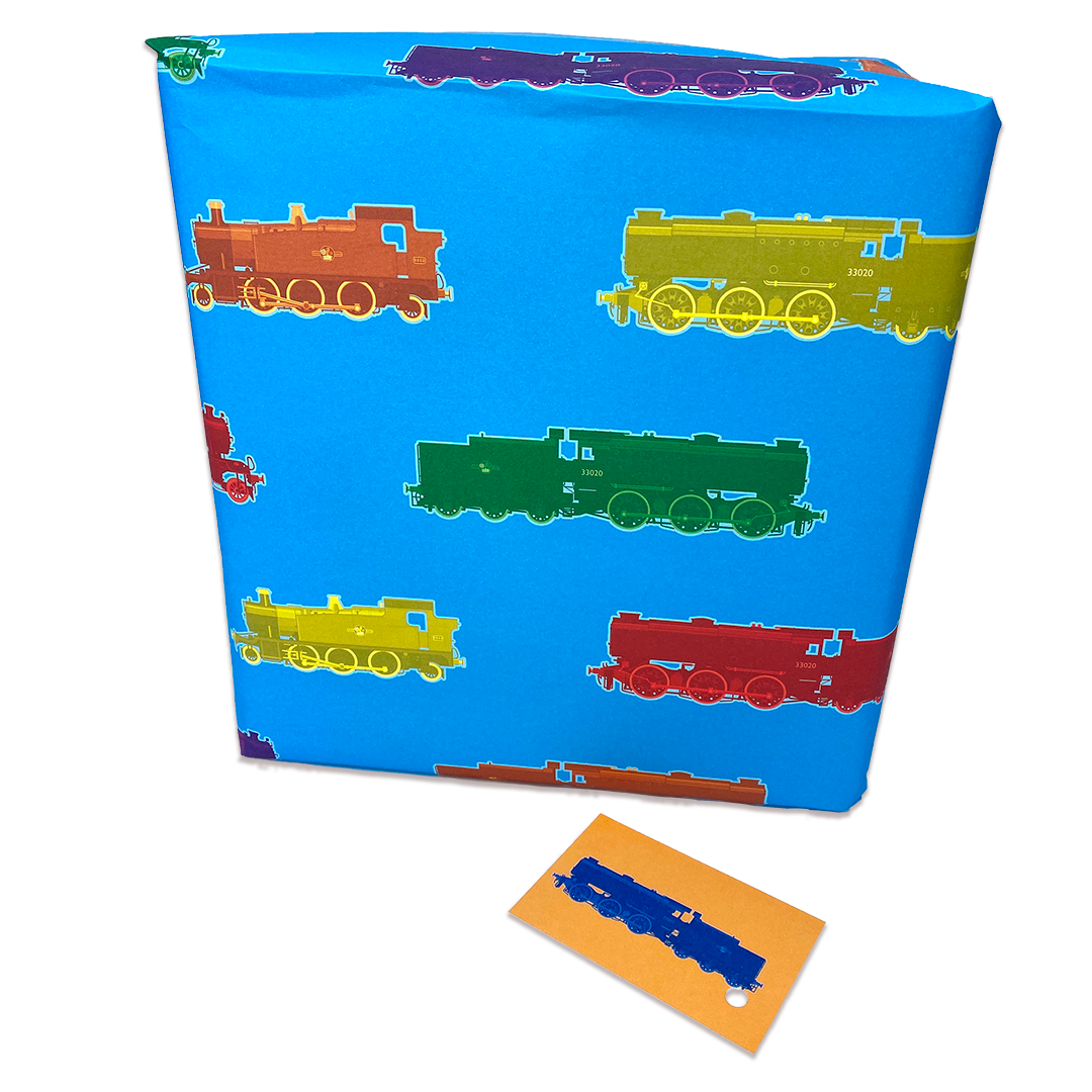 Fun Steam Trains Gift Wrap and Contrasting Gift Tag