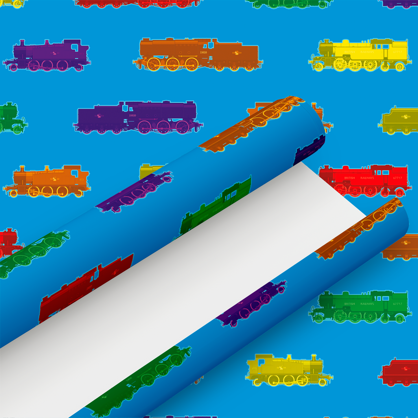Fun Steam Trains Gift Wrap and Contrasting Gift Tag - Rolled