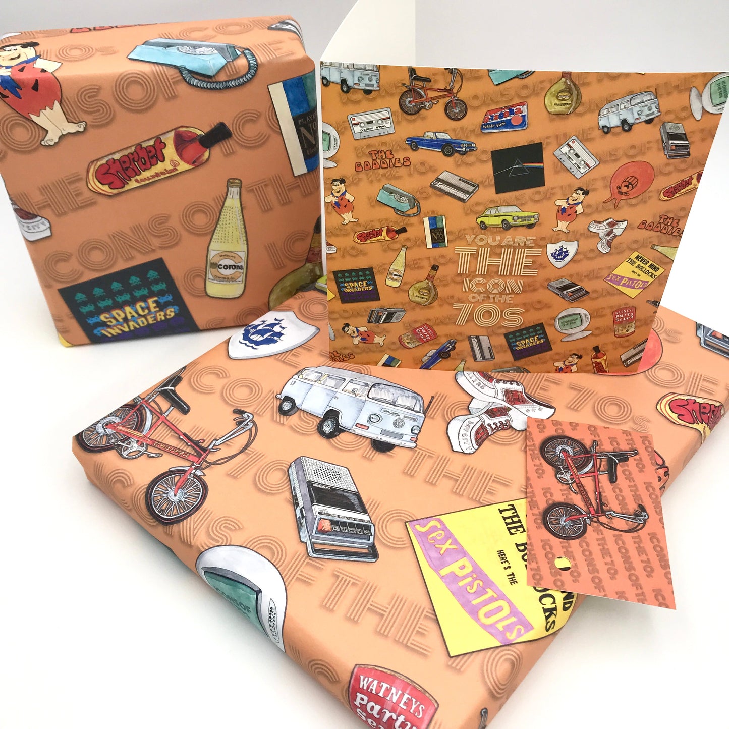 70's Retro Gift Wrap and Matching 'Chopper' Gift Tag - Rolled