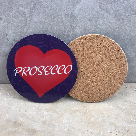Prosecco Hearts cork backed coaster