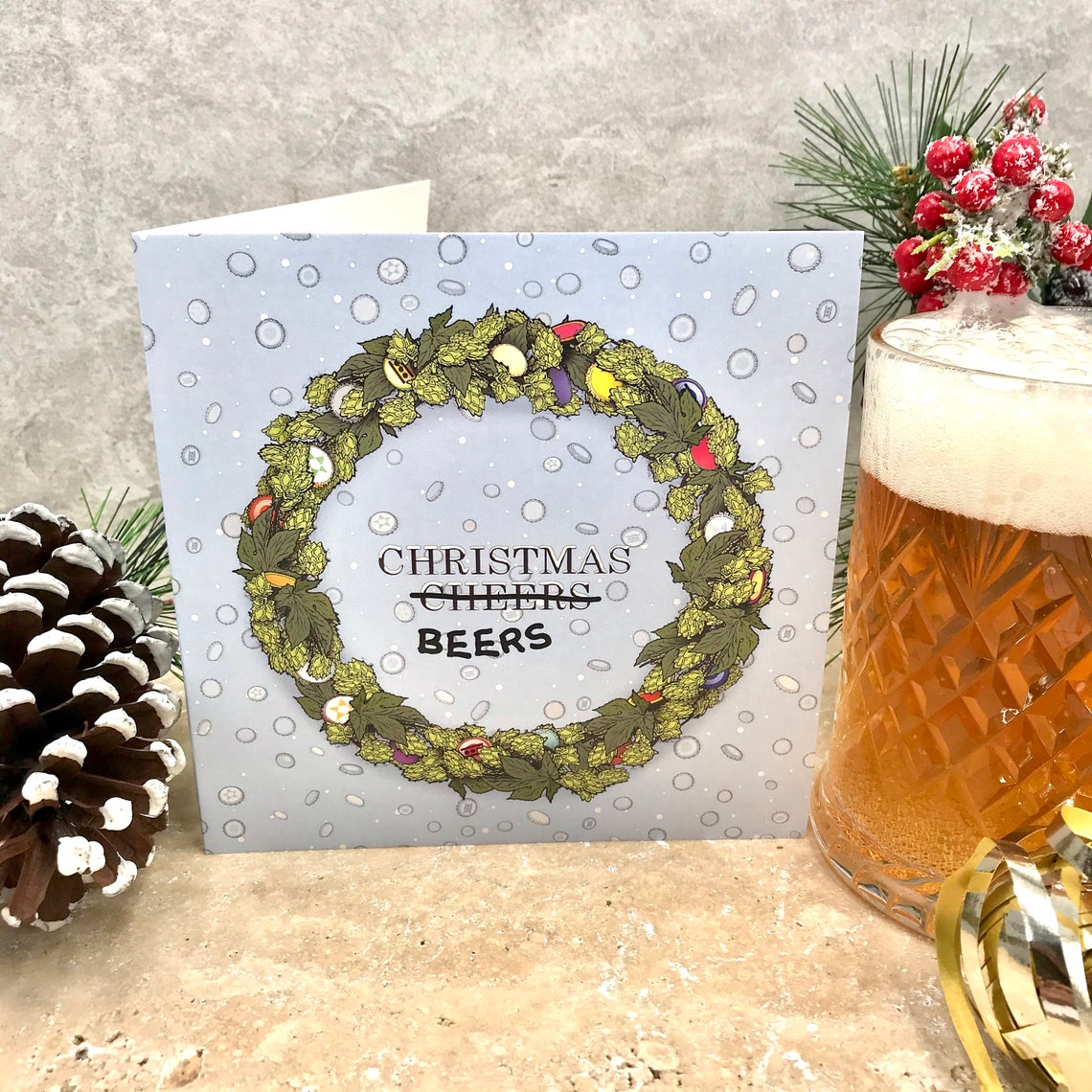 Beer Top Christmas Wreath Greetings Card