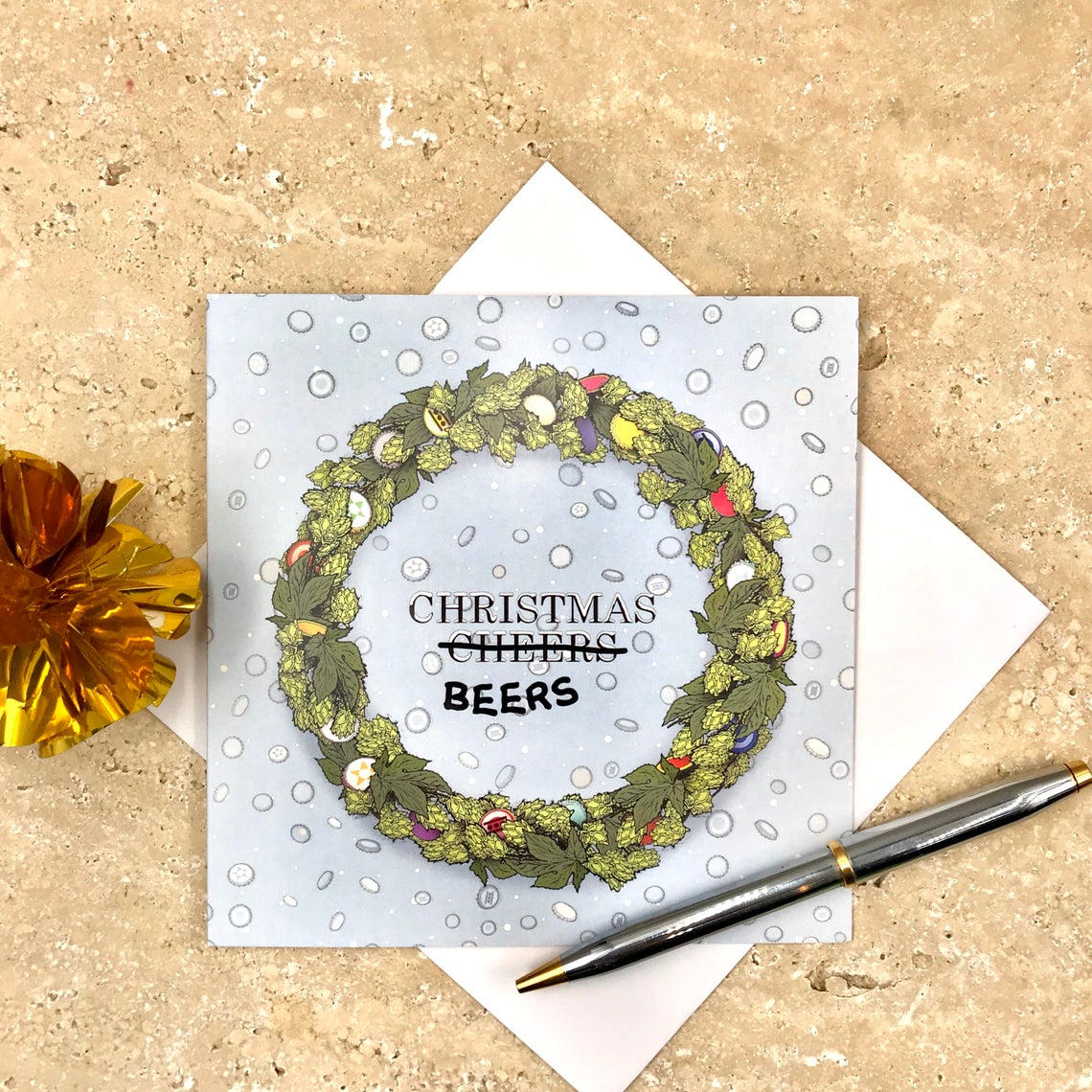 Beer Top Christmas Wreath Greetings Card