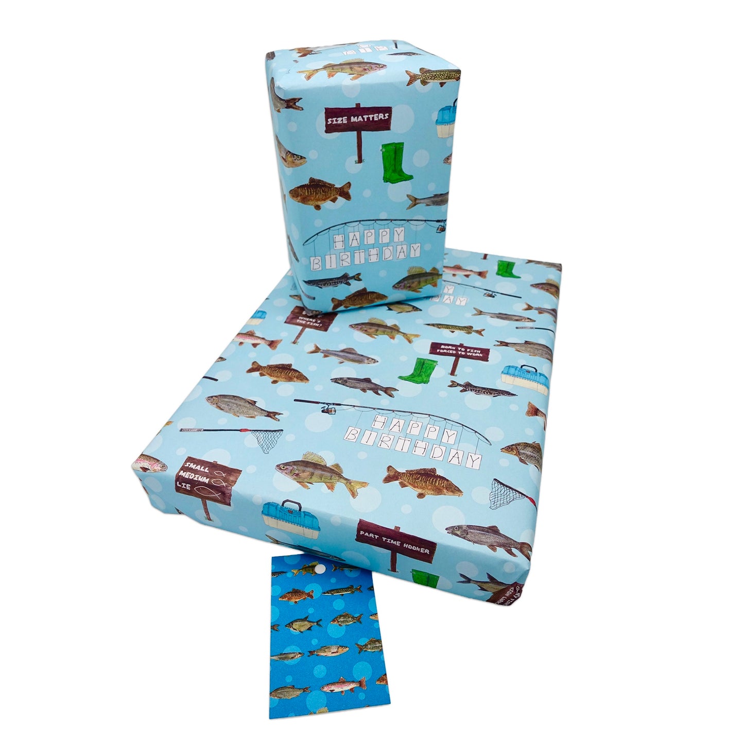 Fishing Birthday Wrapping Paper and Matching Fish Gift Tag with added Fishing related Humour