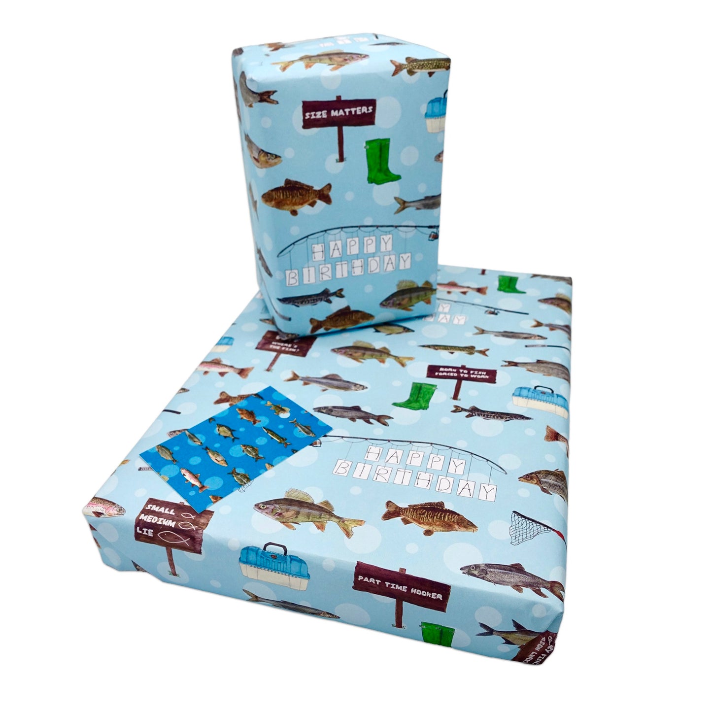 Fishing Birthday Wrapping Paper and Matching Fish Gift Tag with added Fishing related Humour