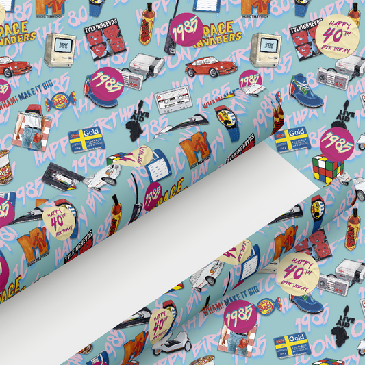1985 Happy 40th Birthday Wrapping Paper and Tag - Rolled