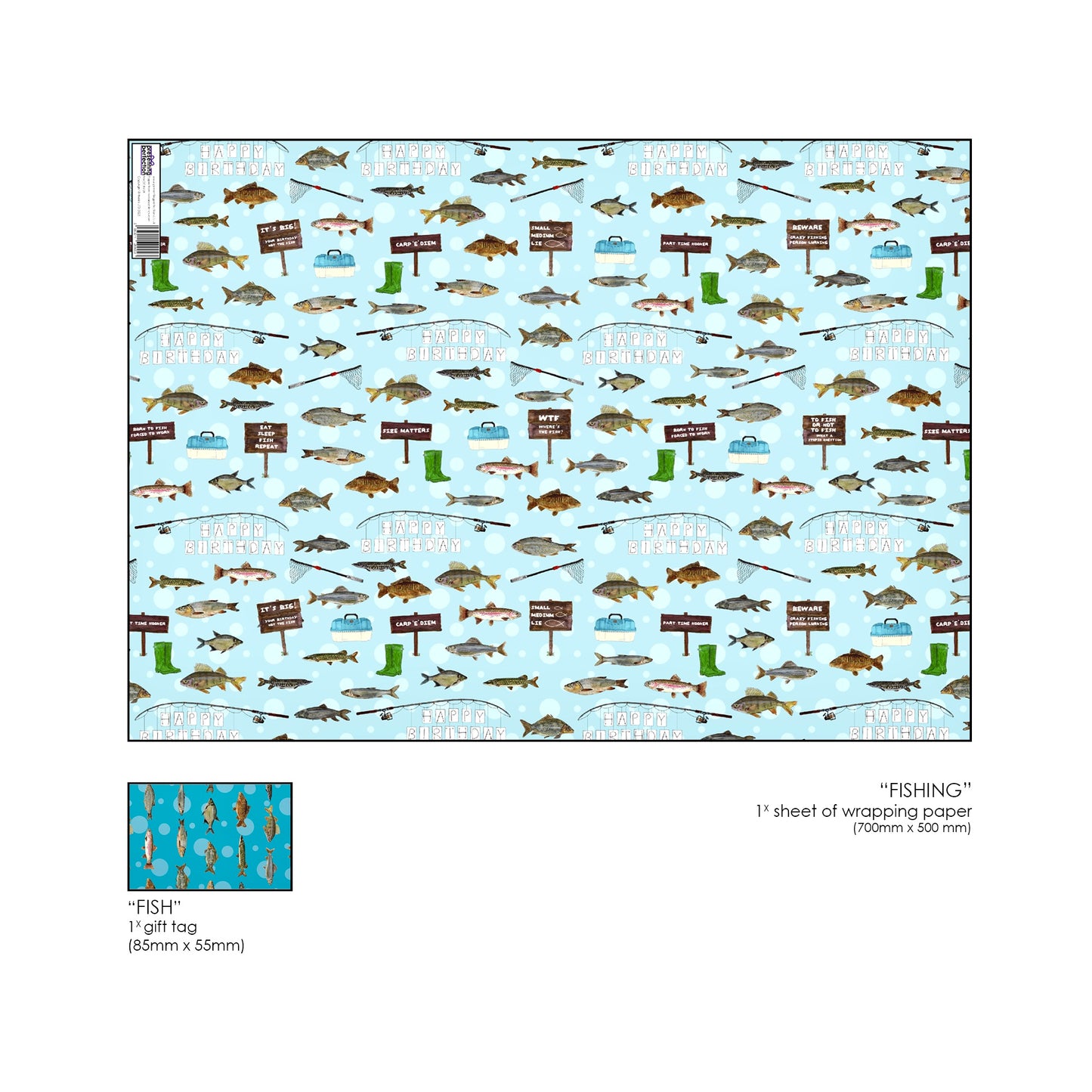 Happy Birthday Fishing Wrapping Paper & Gift Tag