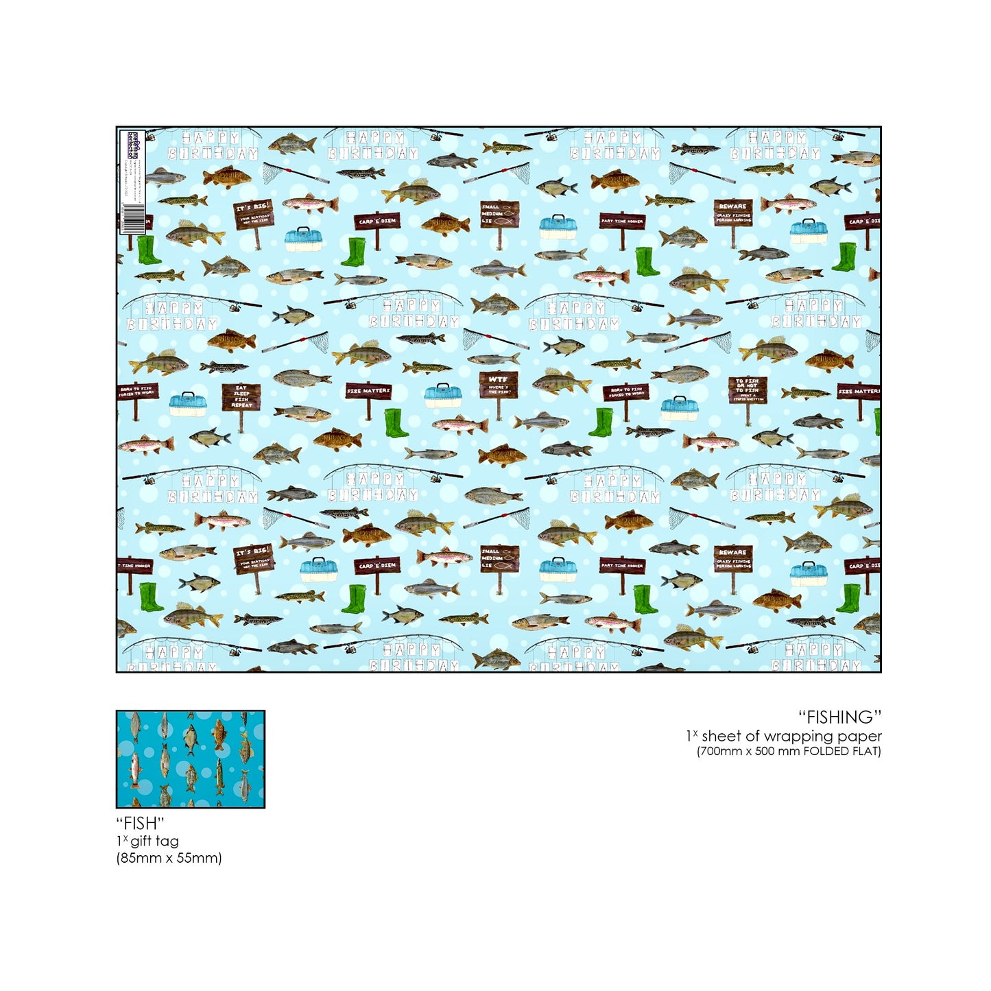 Fishing Birthday Wrapping Paper and Matching Fish Gift Tag with added Fishing related Humour