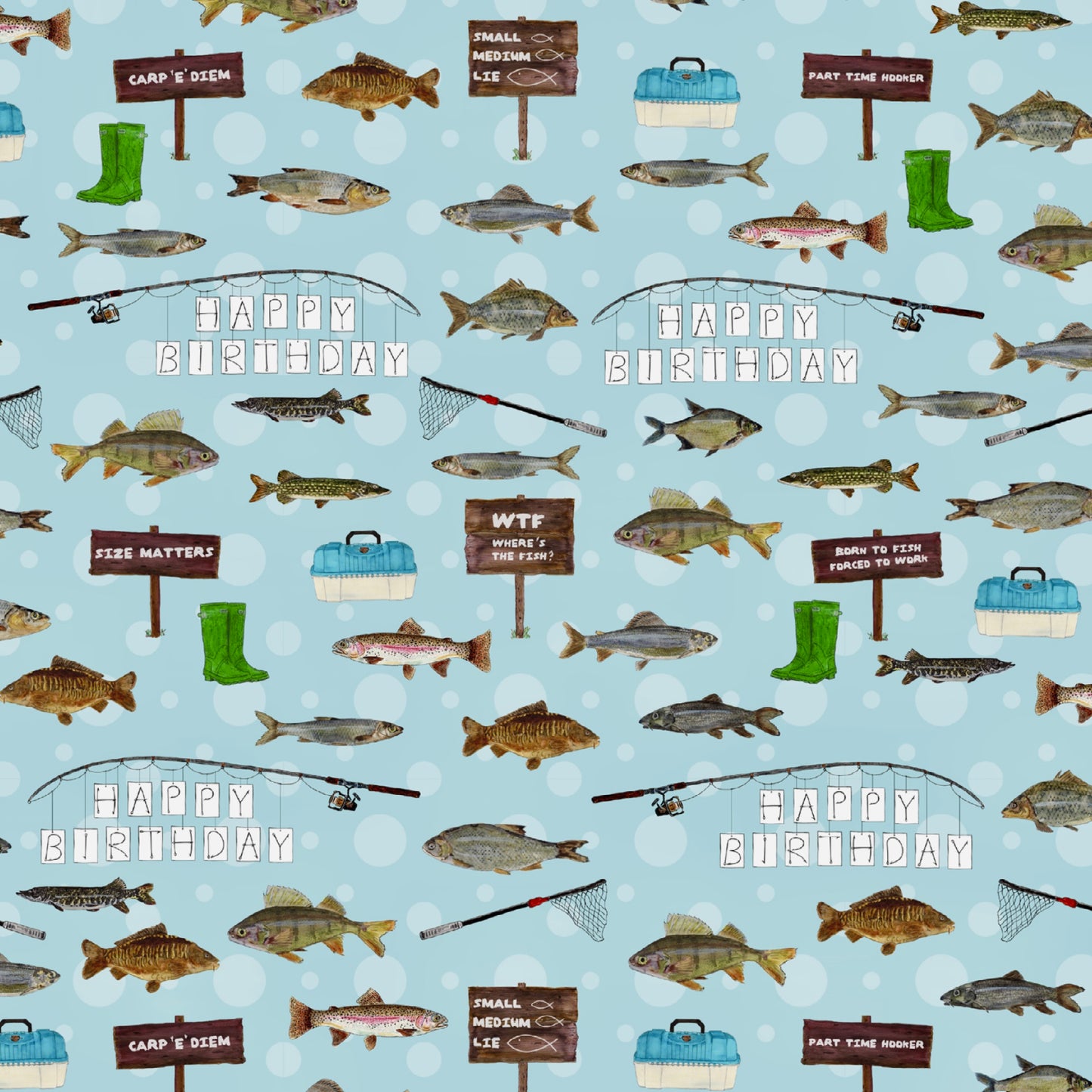 Fishing Birthday Wrapping Paper and Matching Fish Gift Tag with added Fishing related Humour