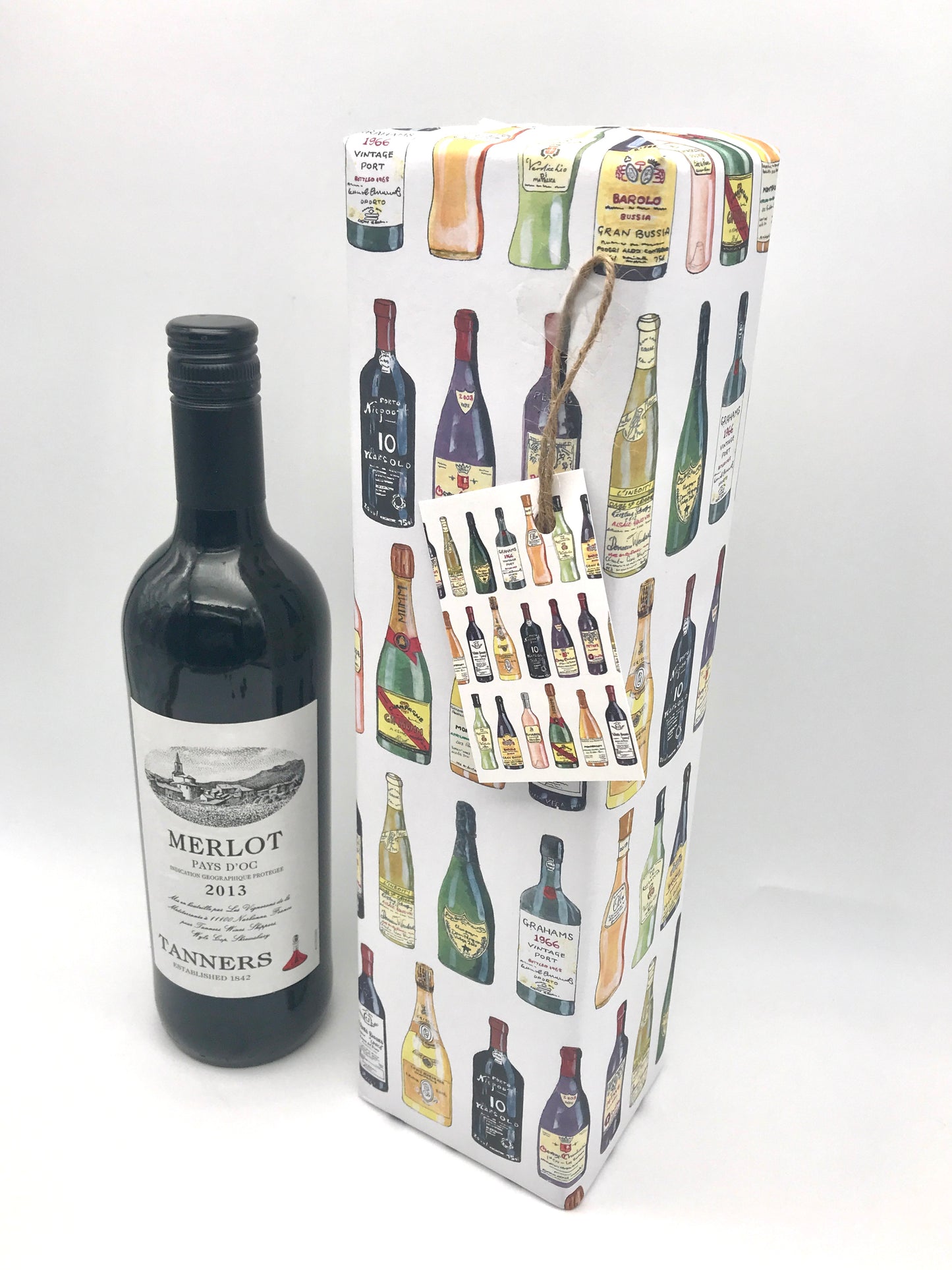Hand Painted Classic Wine Bottle Gift Wrap and Matching Gift Tag
