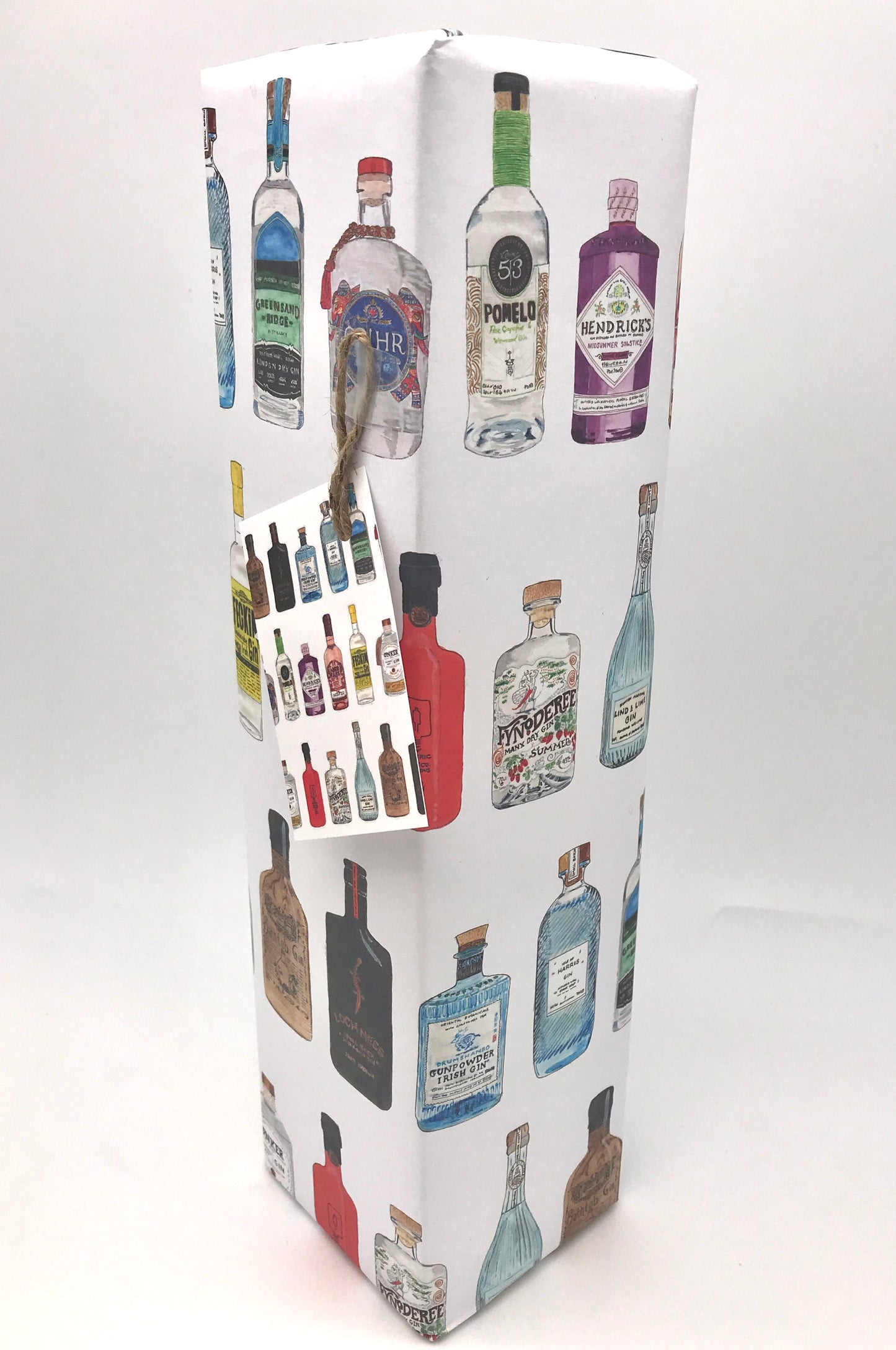 Hand Painted Gin Bottles Gift Wrap and Matching Gift Tag - Rolled